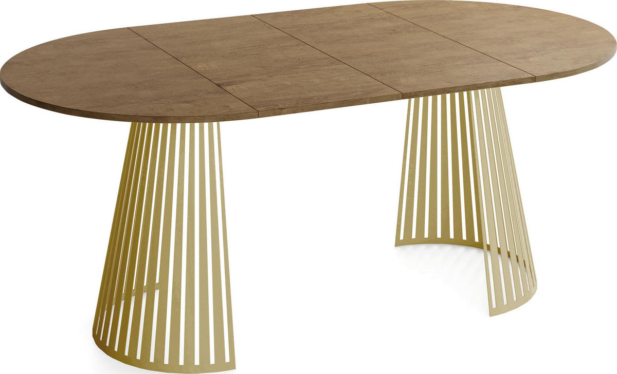 ESSTISCH Naro rund ausziehbar mit Goldenem Lamellen-Metallgestell, Braun 100-180/100/76 cm - Alteiche/Goldfarben, Holzwerkstoff/Metall (100/100/76cm) - WFL GROUP