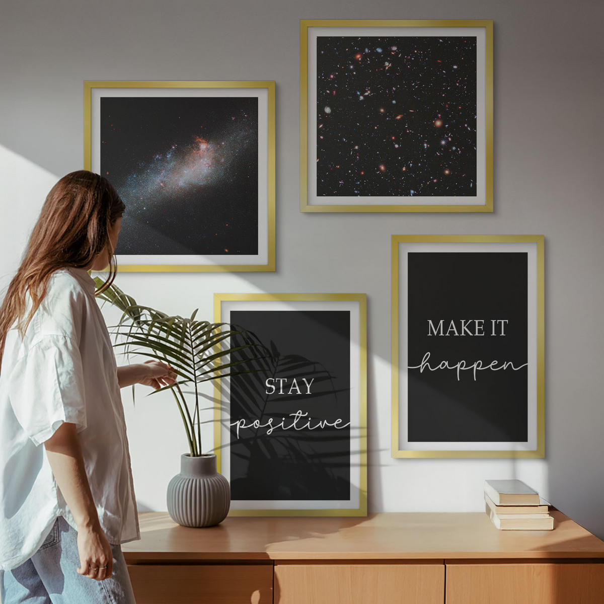 BILDER SET 4er Set - 50x50 cm & 40x60 cm Goldrahmen - Motivationsslogans Sterne Weltraum - Goldfarben, Kunststoff (50/50cm) - TULUP
