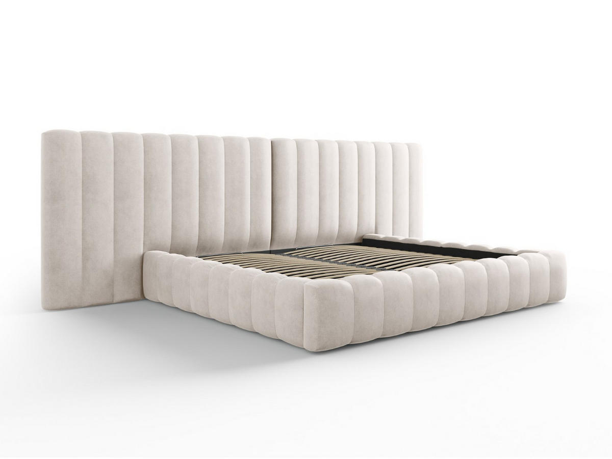 BETT mit Bettkasten und Doppelkopfteil Kelp aus strukturiertem Stoff beige 200x200cm - Beige, Textil (200/200cm) - Micadoni