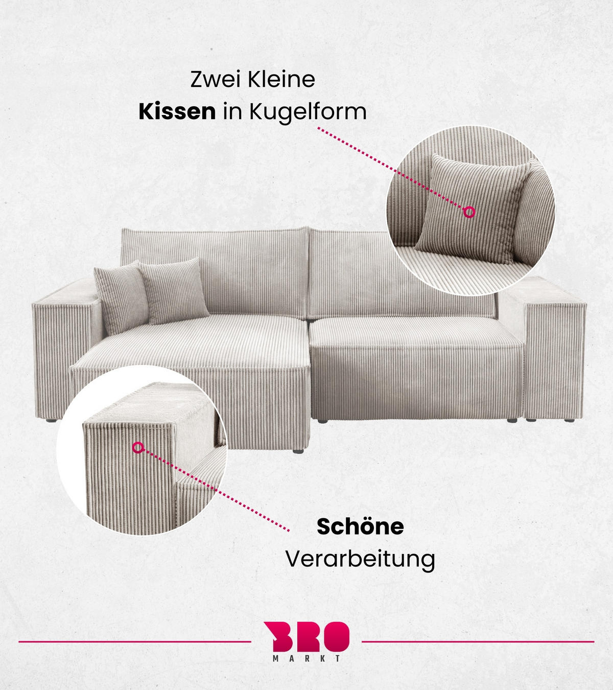 ECKSOFA Pedro mit Schlaffunktion Weiß Cord - Weiß, Textil (255/153cm) - Bromarkt