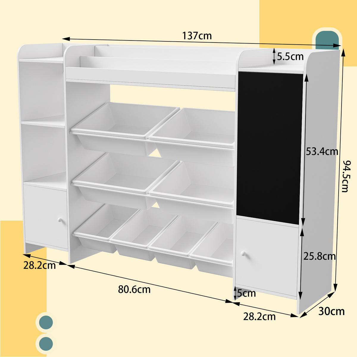 BÜCHERREGAL Kinder, 4 Ebenen, 5 Fächer, 8 abnehmbare Boxen, Schlafzimmer/Spielzimmer, weiß - Weiß, Holz (137/94.5/30cm) - EuroLiving