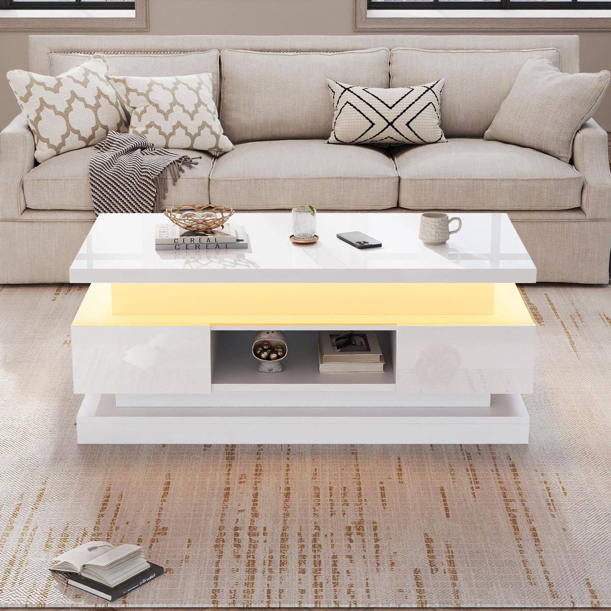 COUCHTISCH 100/50/40 cm höhenverstellbar mit LED-Beleuchtung, USB-Anschluss und Stauraum aus Spanplatte, Weiß - Weiß, Holzwerkstoff (100/50/40cm) - Modfu