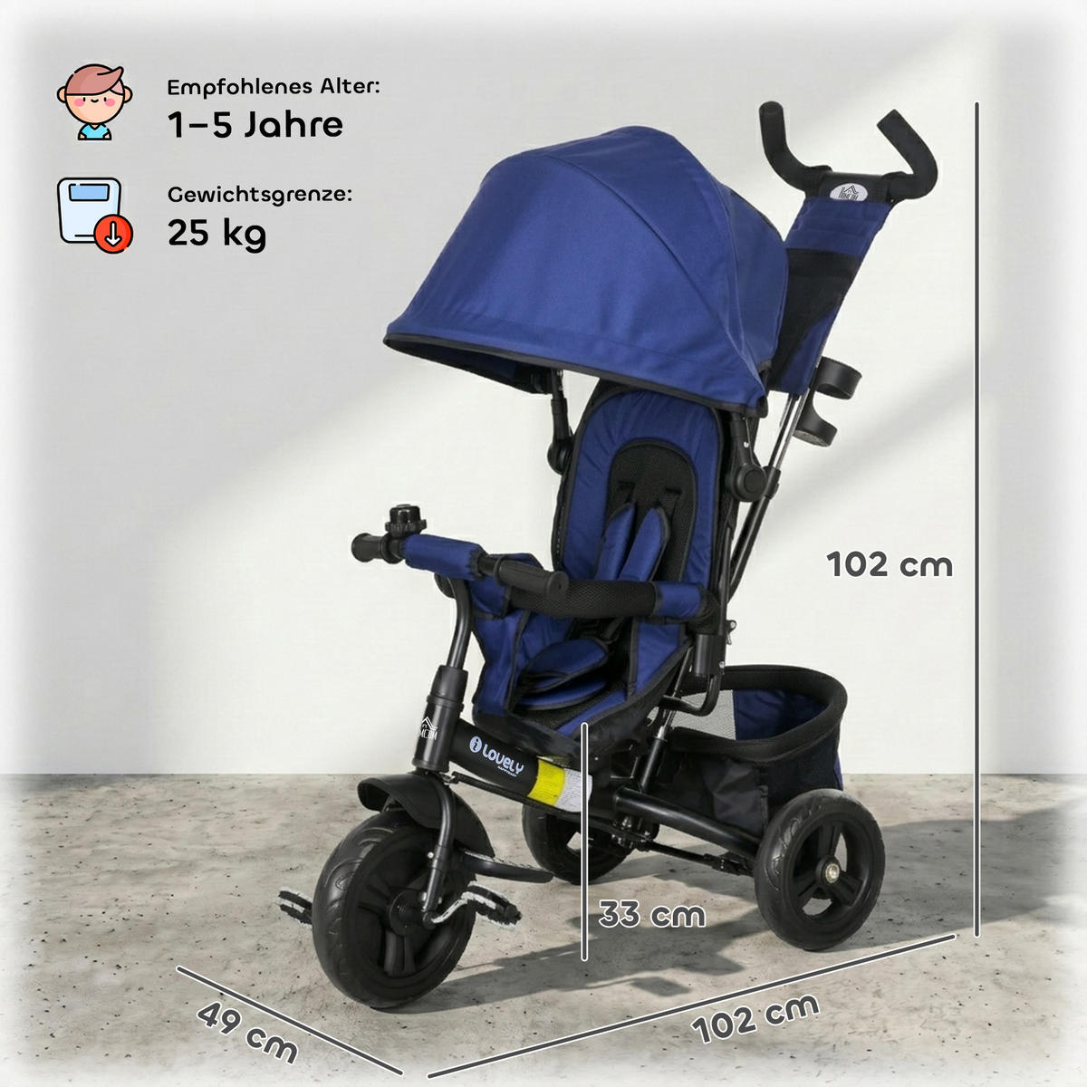 6-IN-1 Dreirad mit Schubstange, Kinderdreirad mit abnehmbarem Sonnendach - Blau, Metall (102/49/102cm) - HOMCOM
