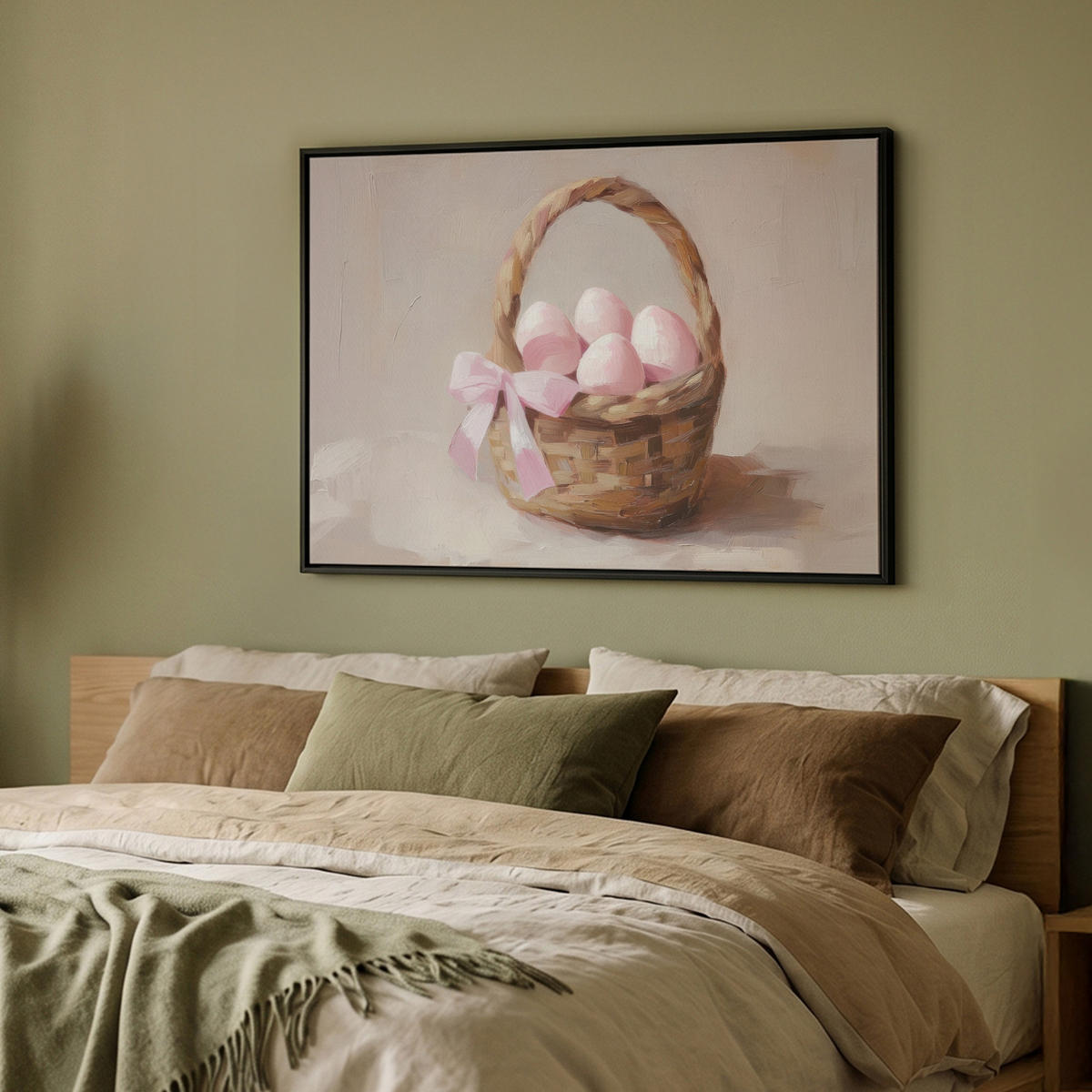 LEINWAND Bilder mit Rahmen - Korb - Eier - Rosa - 100x70 - Beige, Textil (100/70cm) - MuchoWow