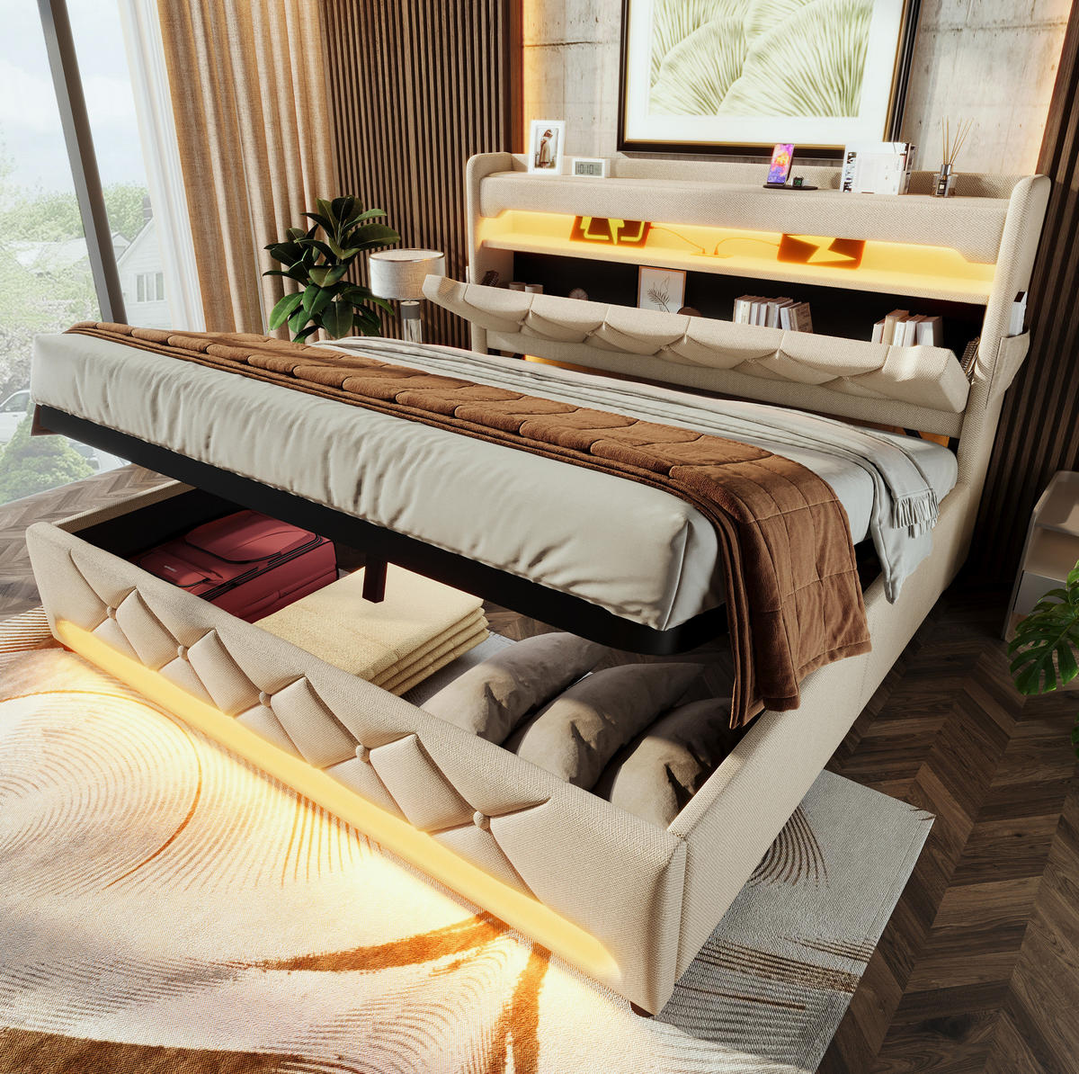 POLSTERBETT 140/190 cm Beige aus Leinen mit LED und Stauraum - Beige, Textil (140/190cm) - OKMYHOME
