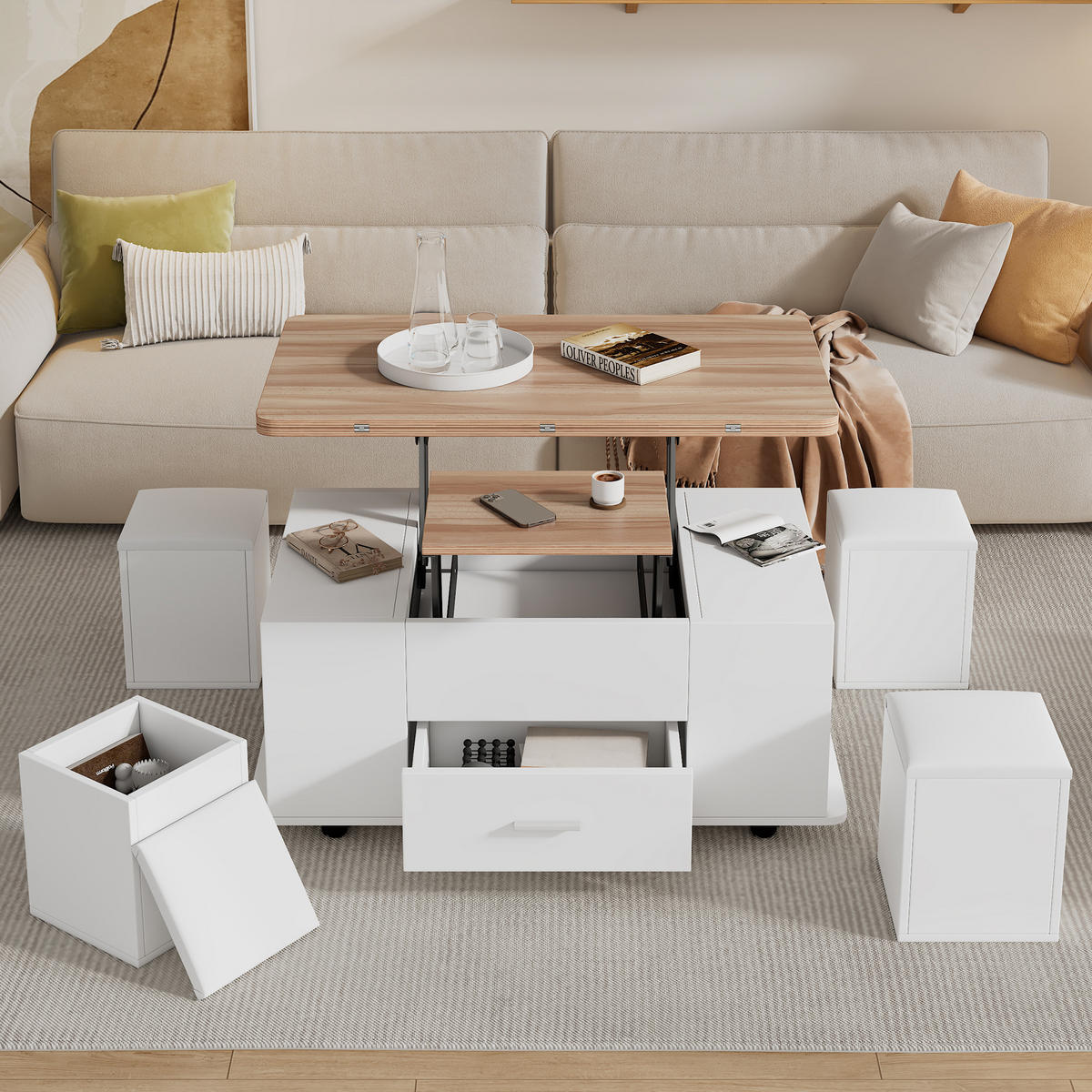 COUCHTISCH höhenverstellbar Weiß 4-in-1 mit 4 Hockern Schubladen - Weiß, Holzwerkstoff (100/50/45cm) - FLIEKS