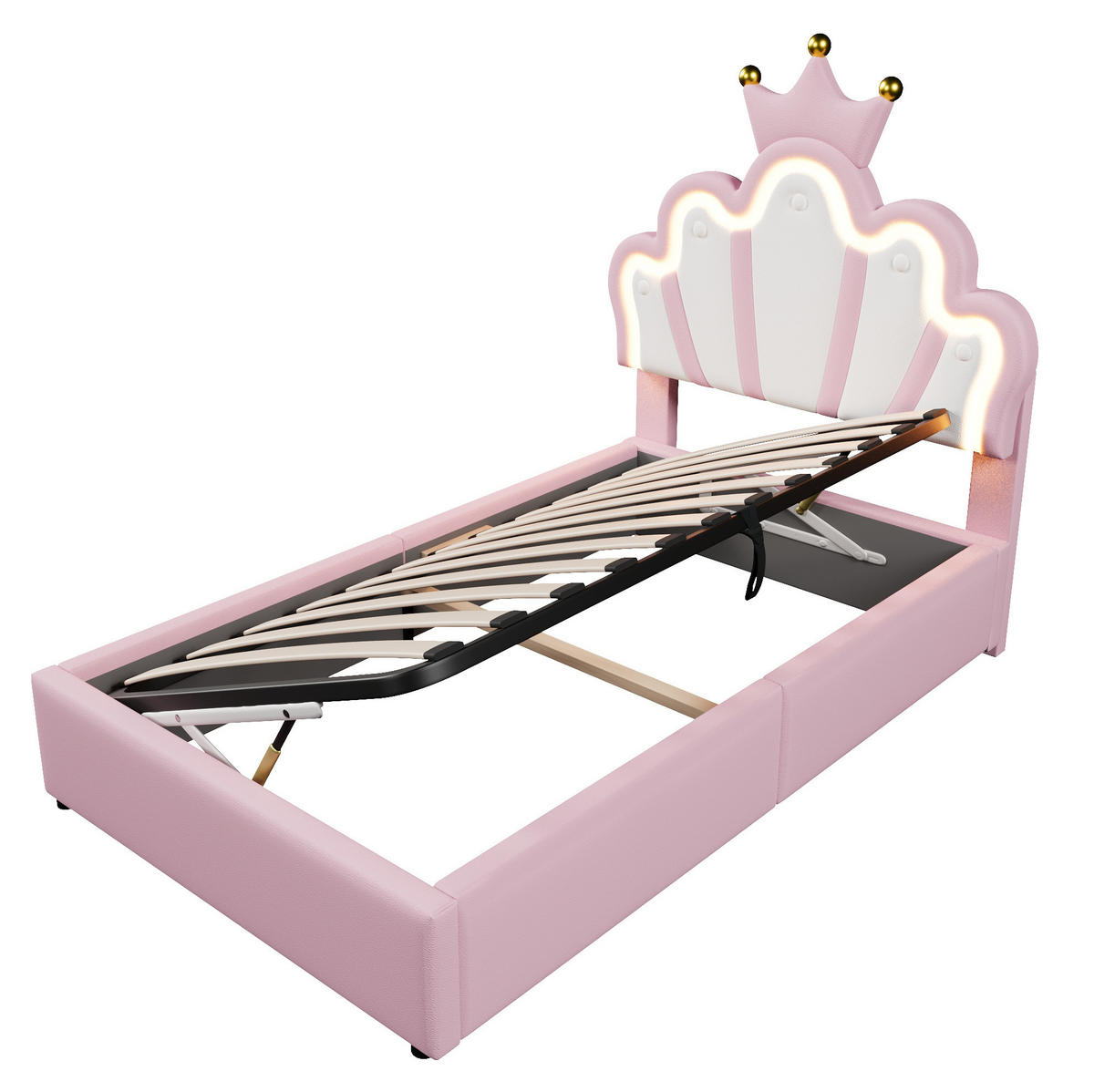 KINDERBETT 90/200 cm in Rosa aus PU mit LED-Beleuchtung und Stauraum - Rosa, Leder (90/200cm) - Flora Grace
