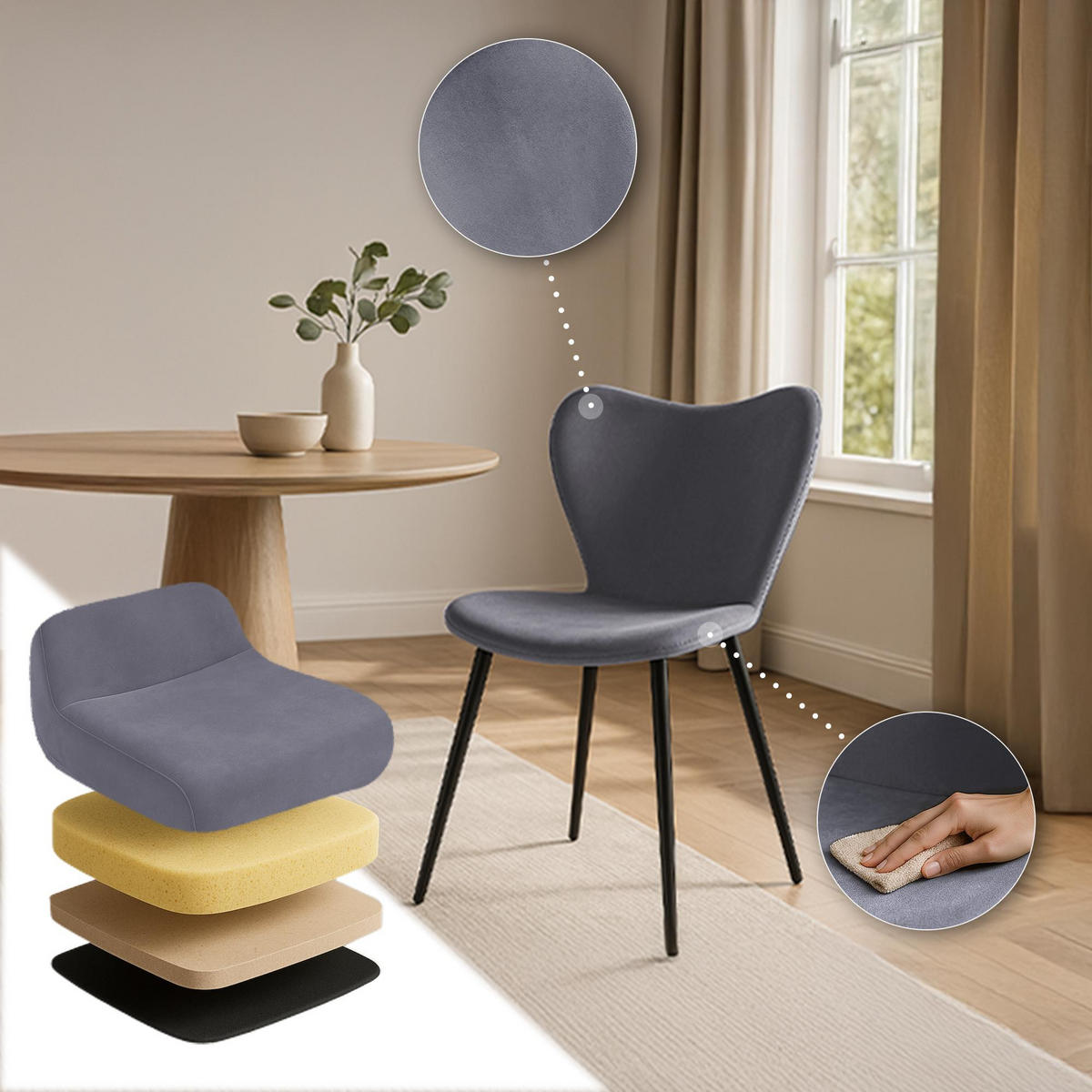 ESSZIMMERSTUHL Samt Dunkelgrau - Dunkelgrau/Schwarz, Textil/Metall (50/80/58cm) - CLP