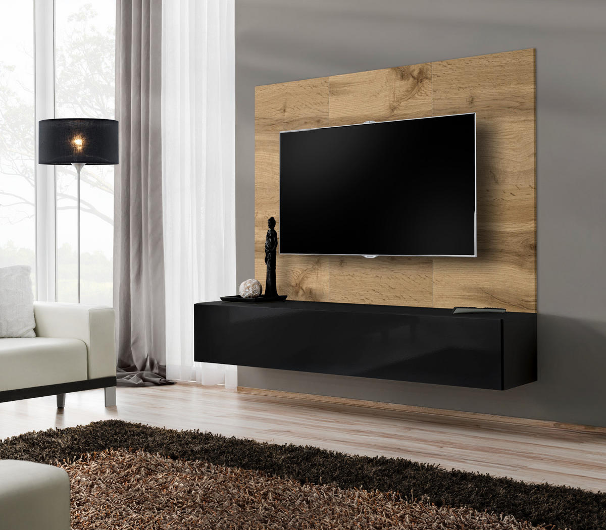 TV-LOWBOARD Eiche Wotan und schwarz 180 cm, Set hängend inklusive Akustikpaneel - Eiche Wotan/Schwarz, Holzwerkstoff (180/148/40cm) - Inn.Furn