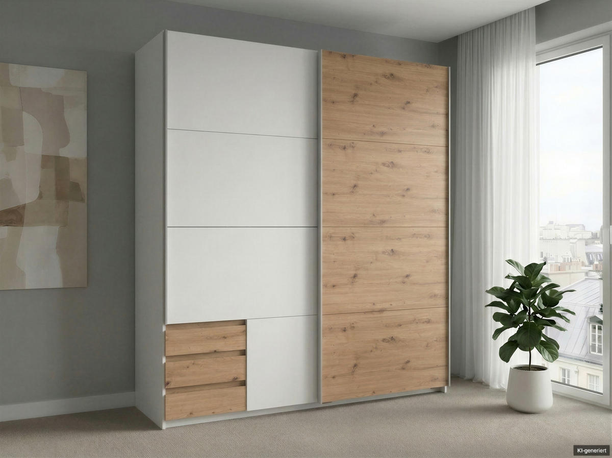 SCHWEBETÜRENSCHRANK 2-türig B179/H198/T65 cm, Kleiderschrank in Weiß, 1x Tür & sichtbare Schubkästen in Eiche Artisan Dekor / 22690 - Alufarben/Weiß, Holz/Holzwerkstoff (179/198/65cm) - luma-home