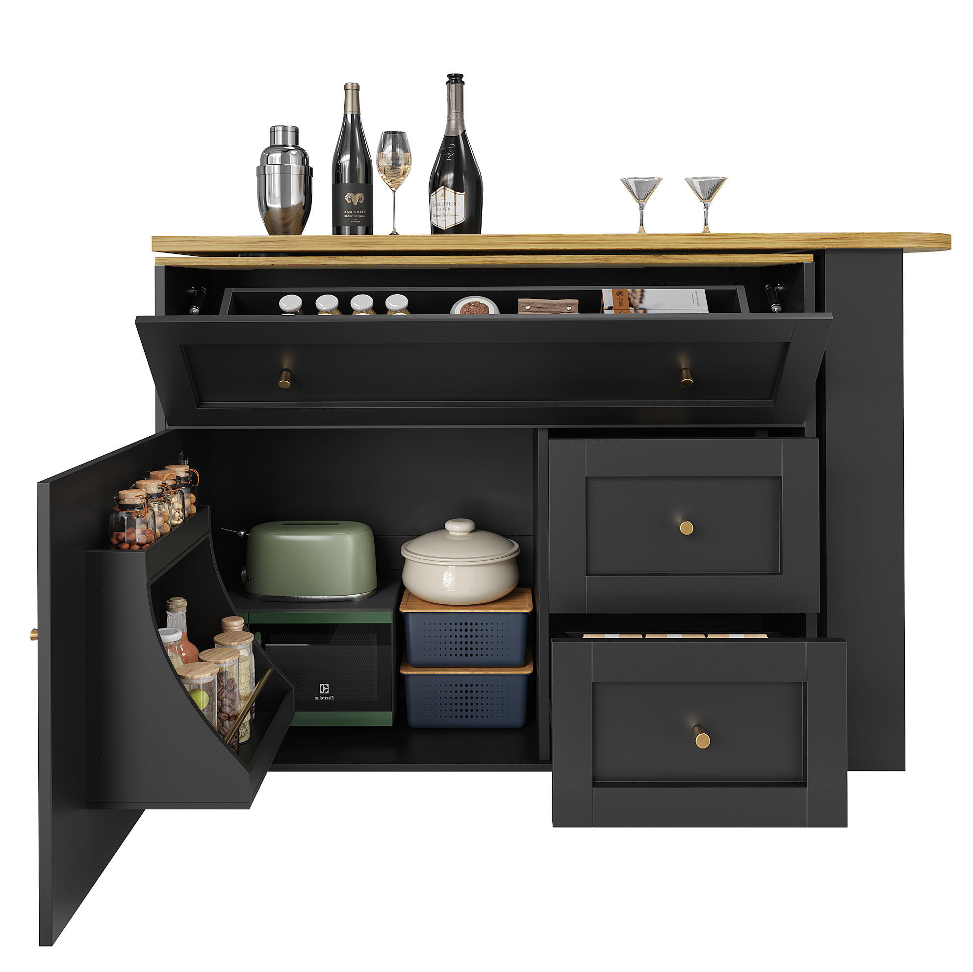 BARTISCH 138-204/39/105 cm in Schwarz mit Stauraum und drehbarer Tischplatte - Schwarz, Holzwerkstoff (39/204/105cm) - BEAOK