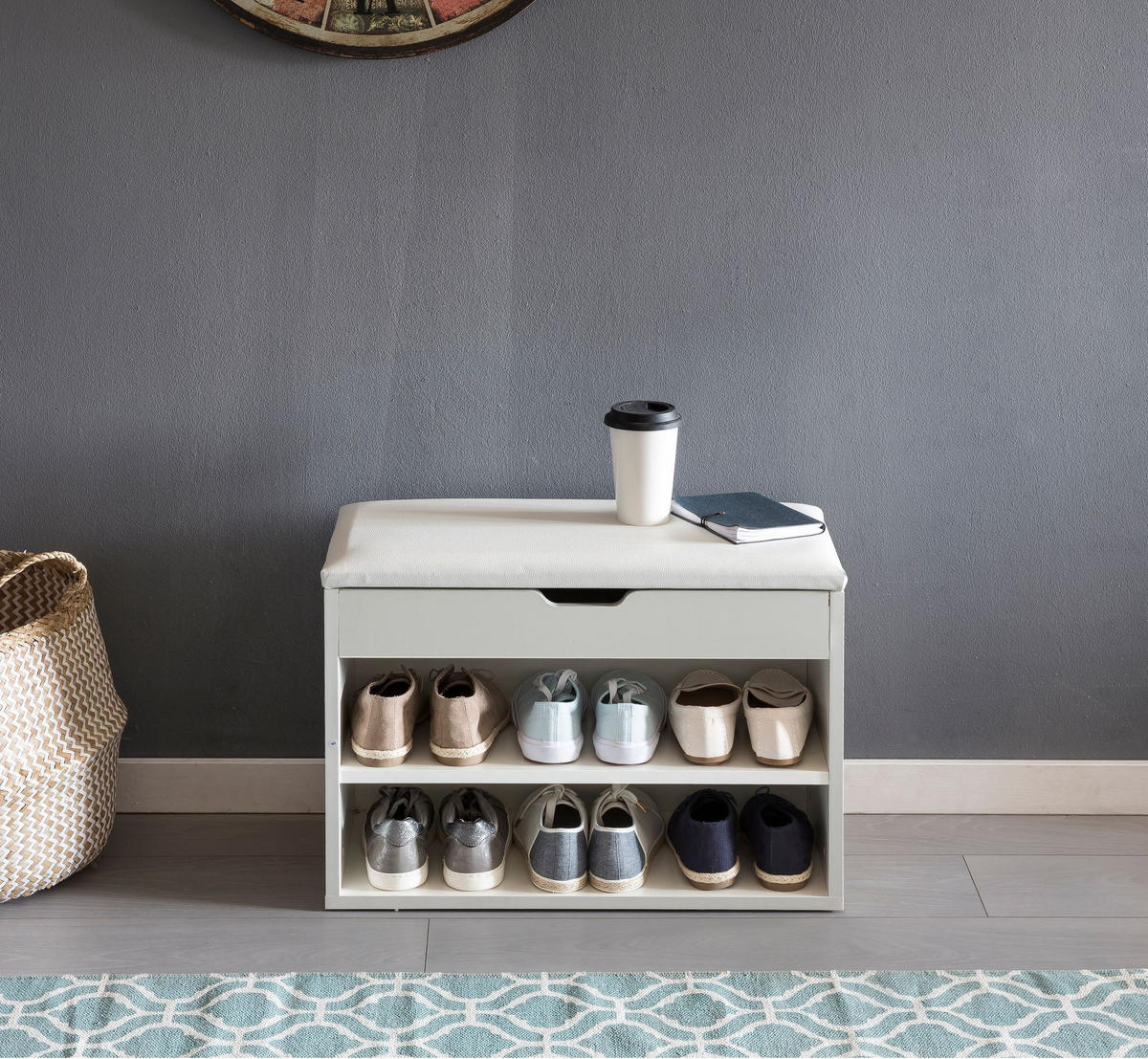 SCHUHBANK gepolstert mit Stauraum, Weiß 60x30x40 cm - Weiß, Holz/Textil (60/40/30cm) - KADIMA DESIGN