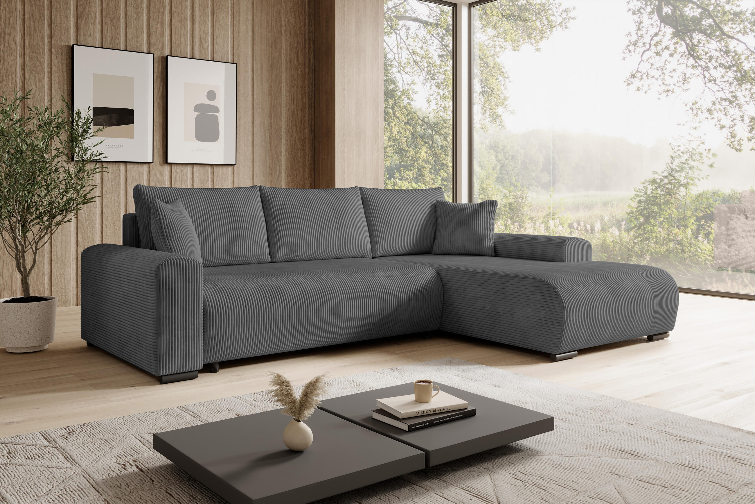 ECKSOFA Nelly mit Bettkasten und Schlaffunktion, Cordstoff in L-Form - Dunkelgrau, Textil (270/185cm)