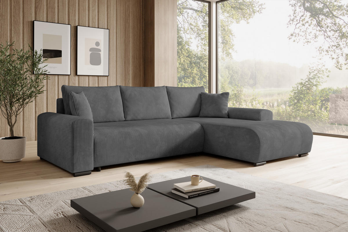 ECKSOFA Nelly mit Bettkasten und Schlaffunktion, Cordstoff in L-Form - Dunkelgrau, Textil (270/185cm)