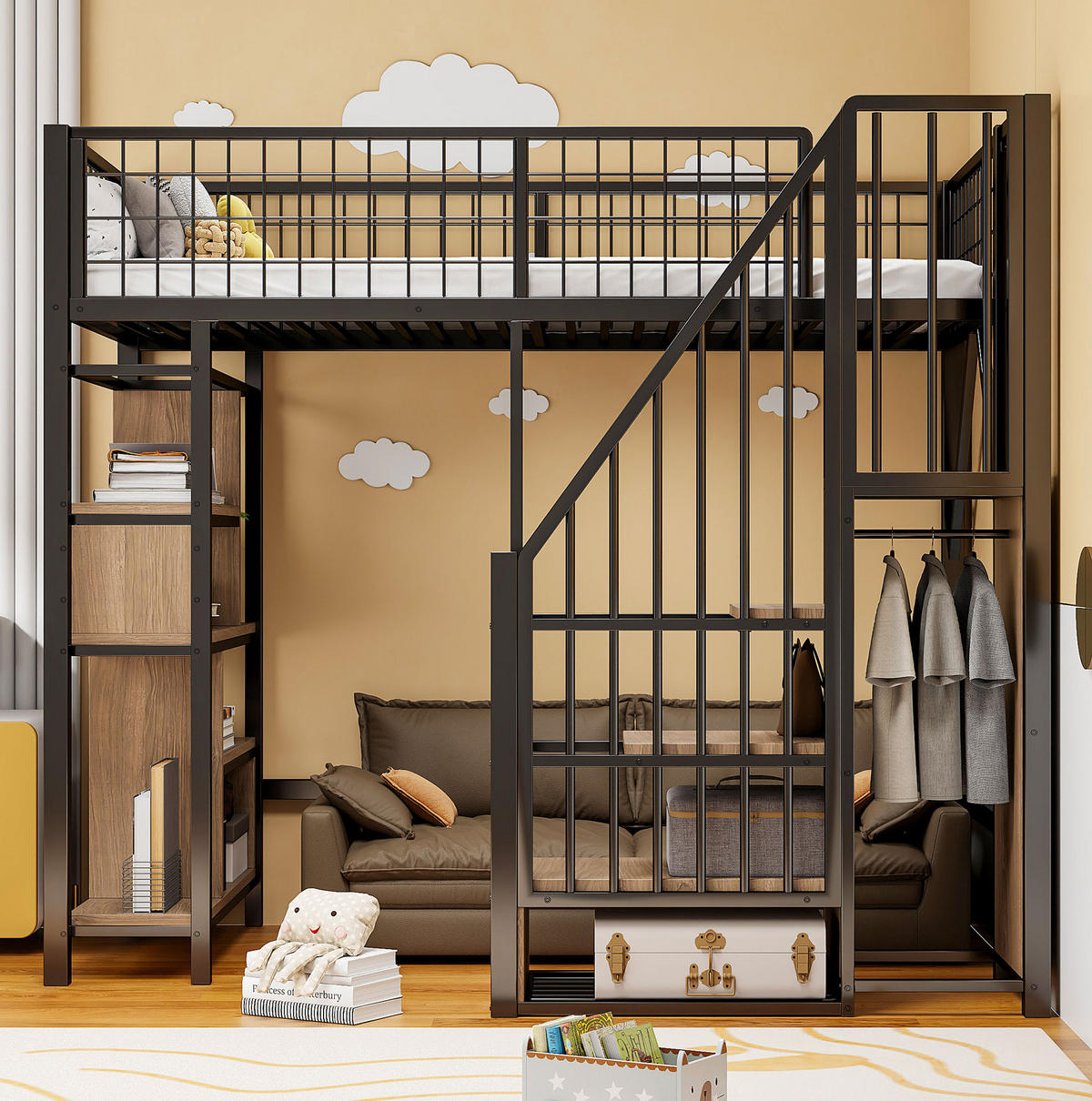HOCHBETT 90/200 cm Schwarz aus Metall und Holzwerkstoff mit Stauraumtreppe - Schwarz, Metall (90/200cm) - OKMYHOME