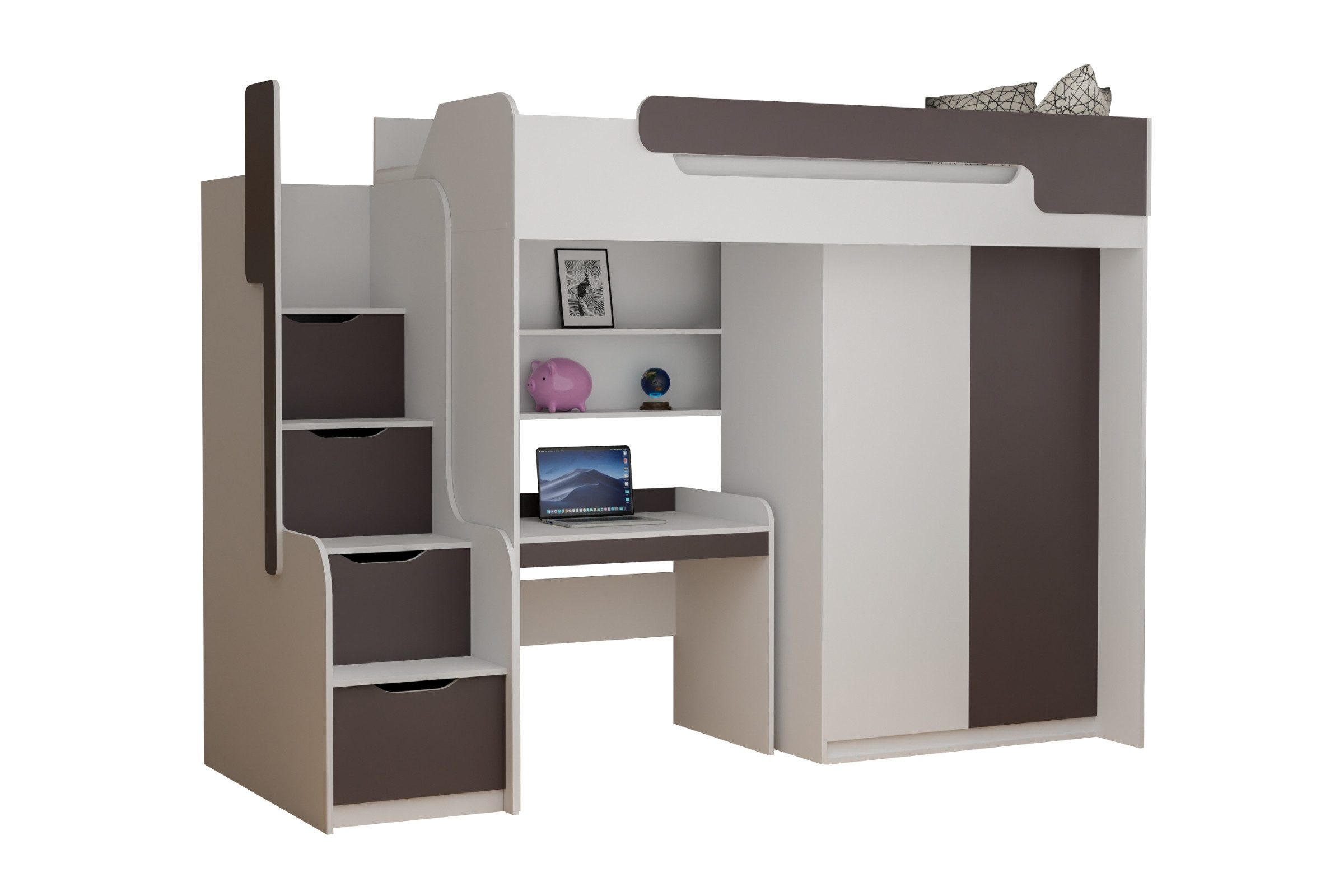 HOCHBETT ARTHUR 90/200 in Weiß/Grau mit Schreibtisch und Kleiderschrank - Weiß/Grau, Holzwerkstoff (90/200cm) - Deine Möbel 24