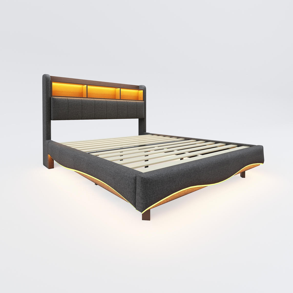 ČALÚNENÁ posteľ 160/200 cm s LED osvetlením, USB a Type-C portmi, úložným priestorom a kovovým rámom, Sivá - sivá, textil (160/200cm) - Redom