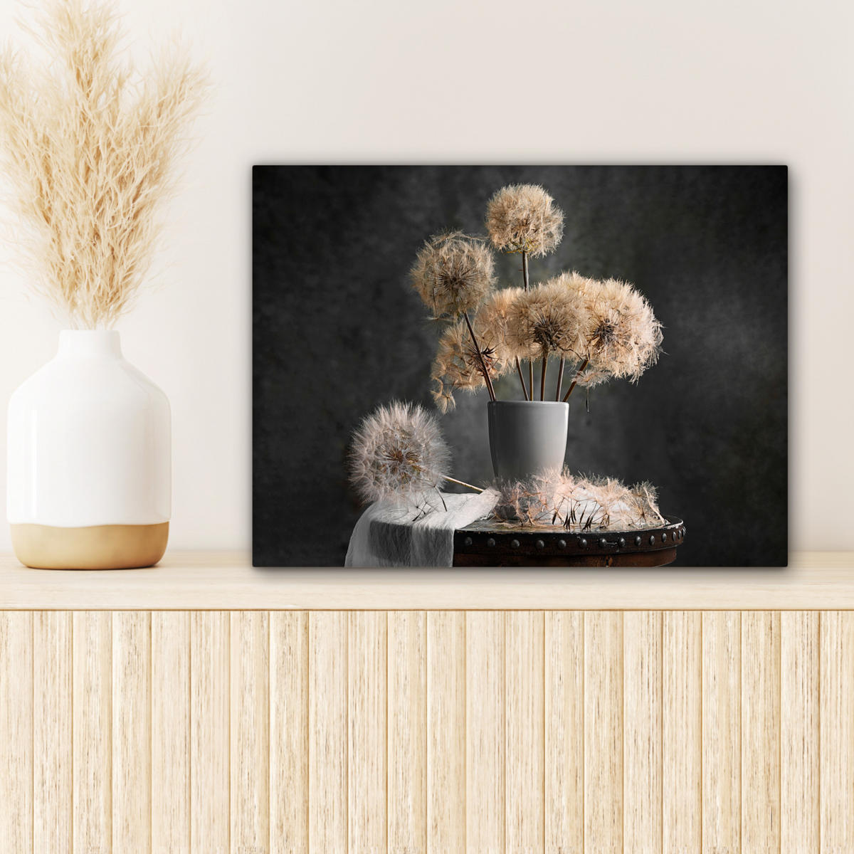 LEINWANDBILD Blumensamen - Löwenzahn - Vase - Stilleben - Blumenstrauß Wandbild 40x30 cm - Dunkelgrau, Textil (40/30cm) - MuchoWow