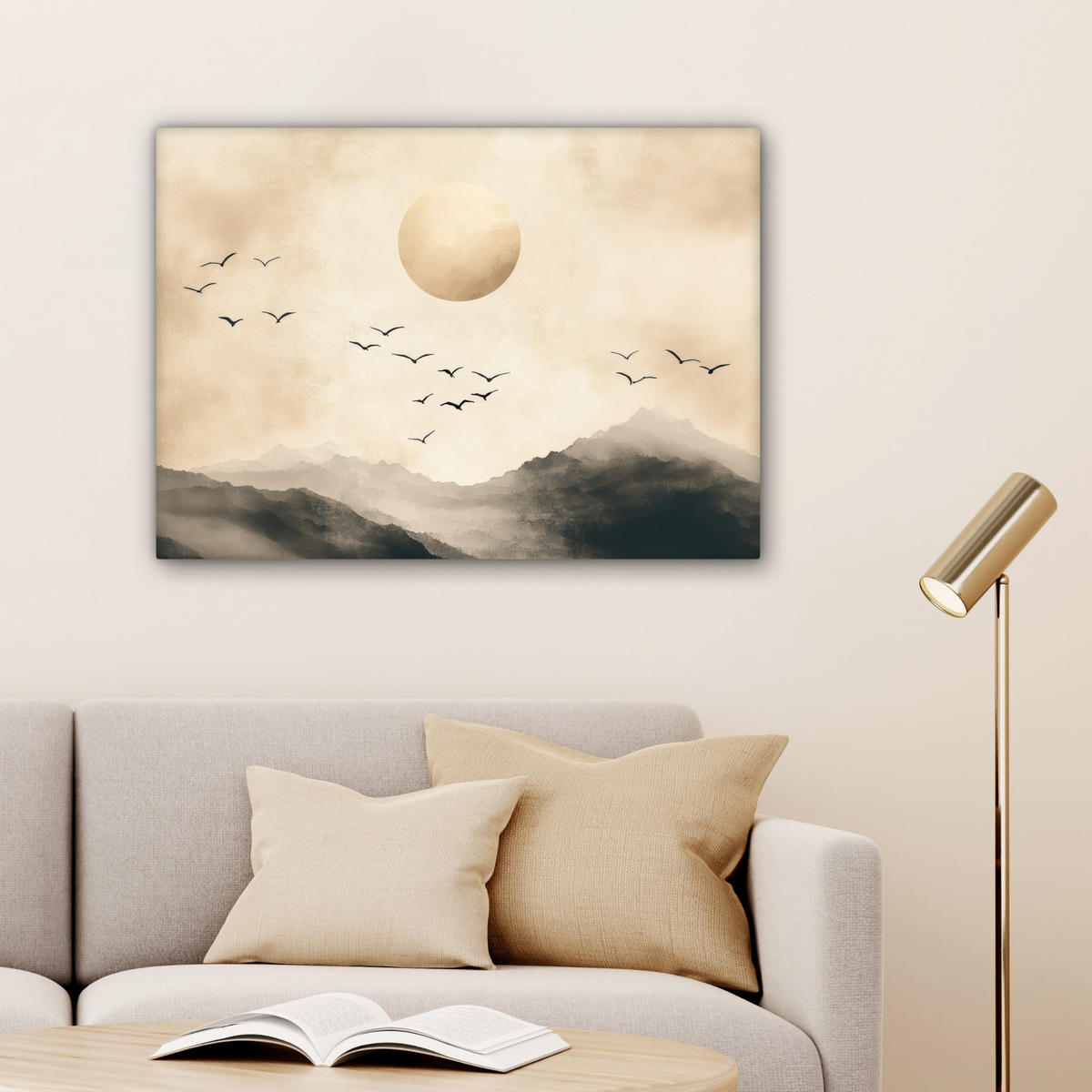 LEINWANDBILD Landschaft - Japandi - Vogel Wandbilder 80x60 cm - Beige, Textil (80/60cm) - MuchoWow