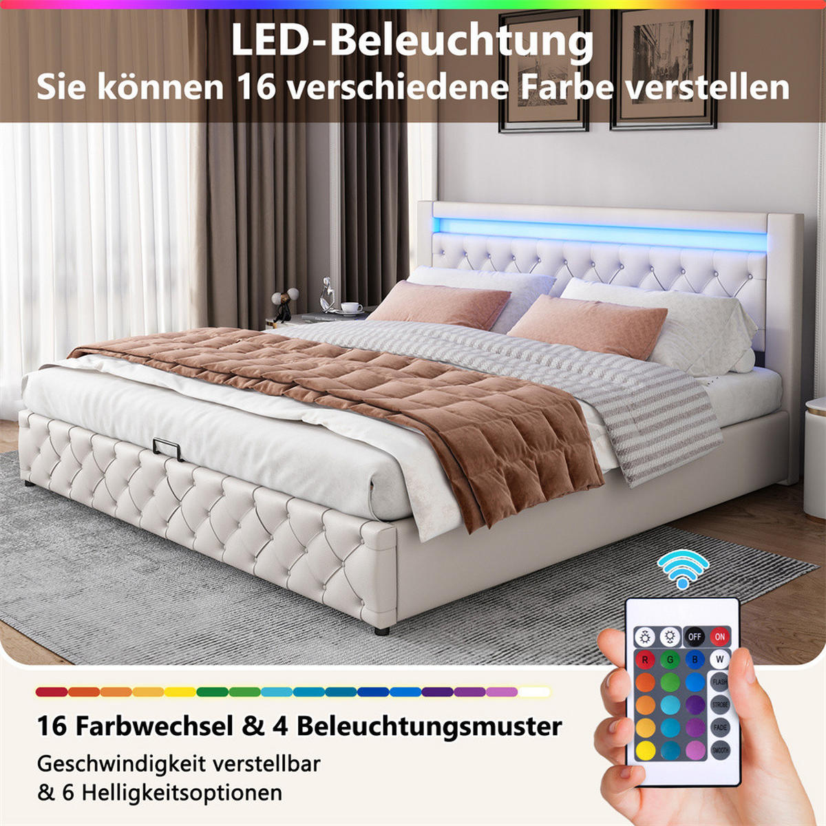 POLSTERBETT 180/200 cm in Weiß PU mit LED-Beleuchtung - Weiß, Holz/Textil (180/200cm) - KOMHTOM