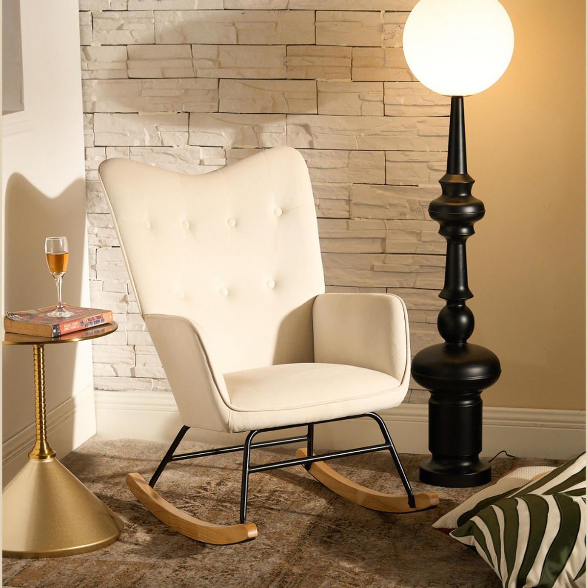 SCHAUKELSESSEL Samt Beige - Eichefarben/Beige, Holz/Textil (84/93/63cm) - Urban Meuble