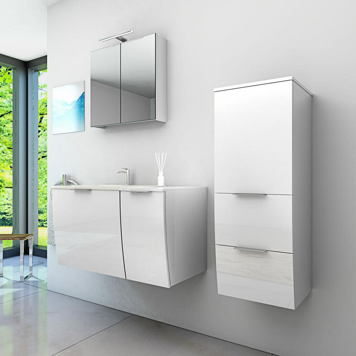 BADMÖBEL Set Gently 1 V2 R Weiß MDF Waschtisch 90cm mit 5W LED-Strahler / Energiebox - Weiß, Glas/Kunststoff (46/52/90cm) - AcquaVapore by Sandra Jentho
