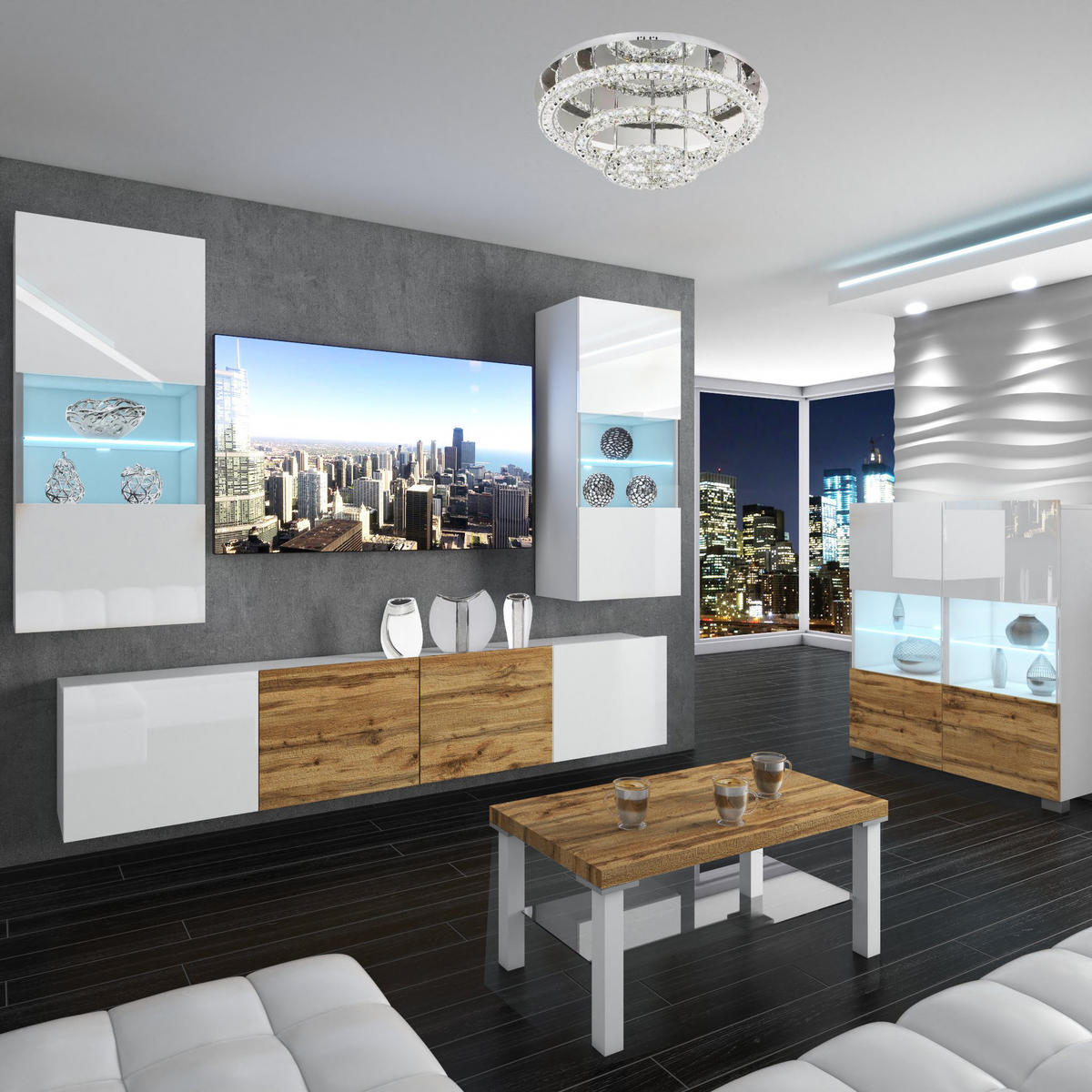 WOHNZIMMERWAND mit LED-Beleuchtung TV-Schrank Weiß/Eiche Wotan - Weiß/Braun, Holz (300/180/36cm) - B BELINI GROUP