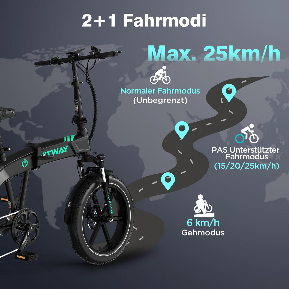 E-BIKE Klapprad BK36 Pedelec bis zu 50-100km 7 Gang shimano Schaltwerk - Schwarz, Metall (32cm) - HITWAY