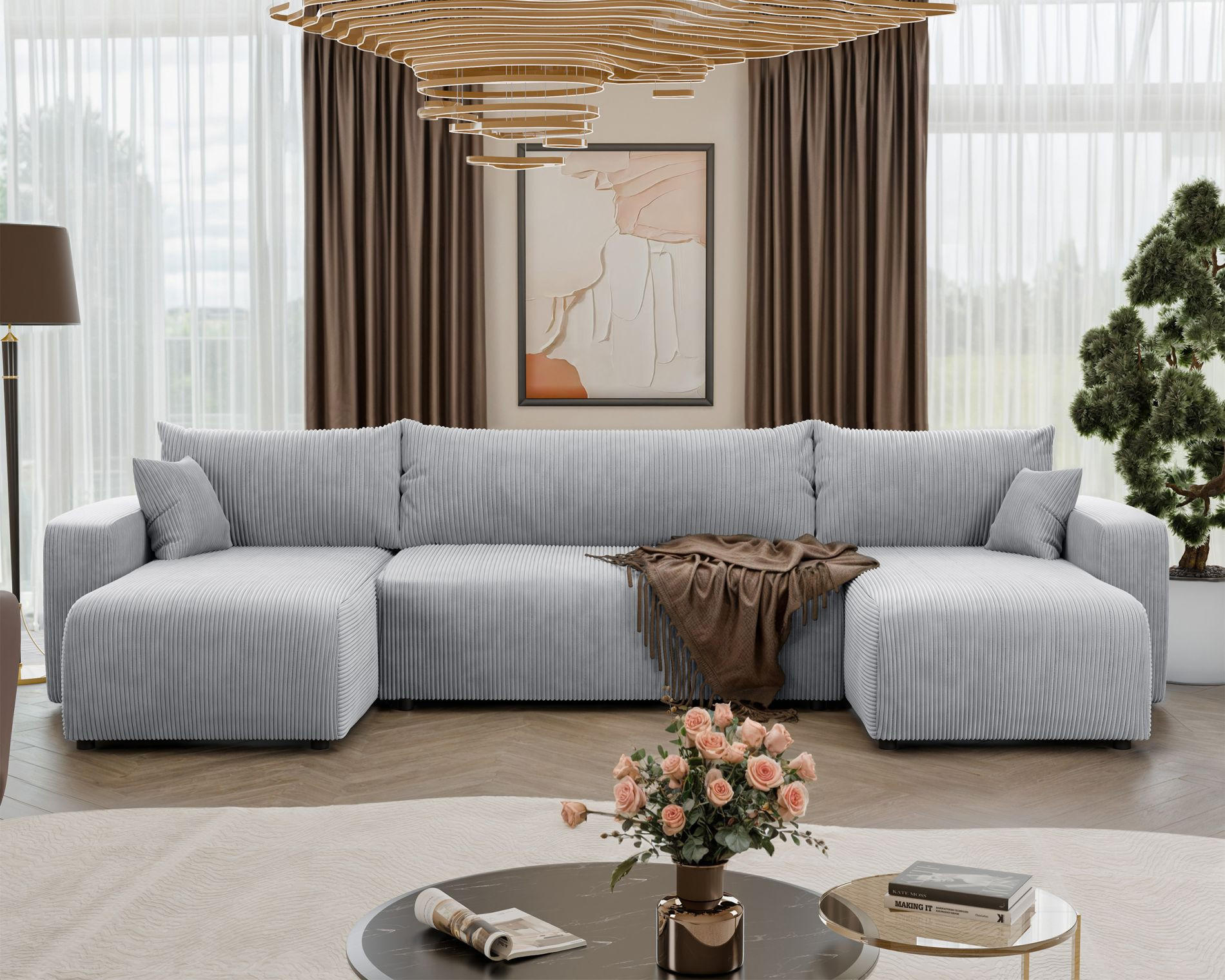WOHNLANDSCHAFT Pianoni Hellgrau Cordbezug - Hellgrau/Schwarz, Kunststoff/Textil (312/83/140cm) - Selsey