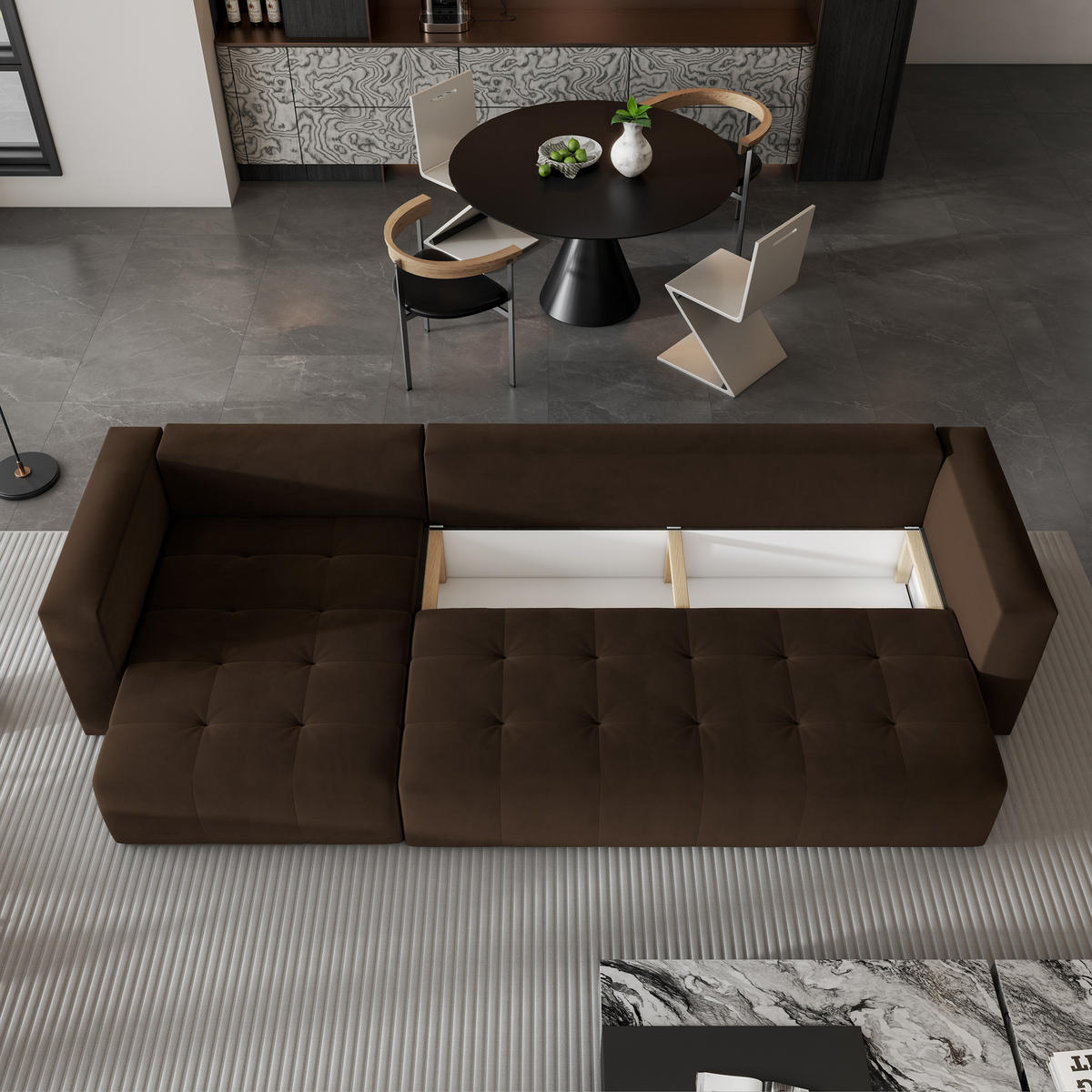 ECKSOFA OLVERA Braun Plüsch-Stoff mit Schlaffunktion - Braun, Holz (347/148cm) - MASSENO