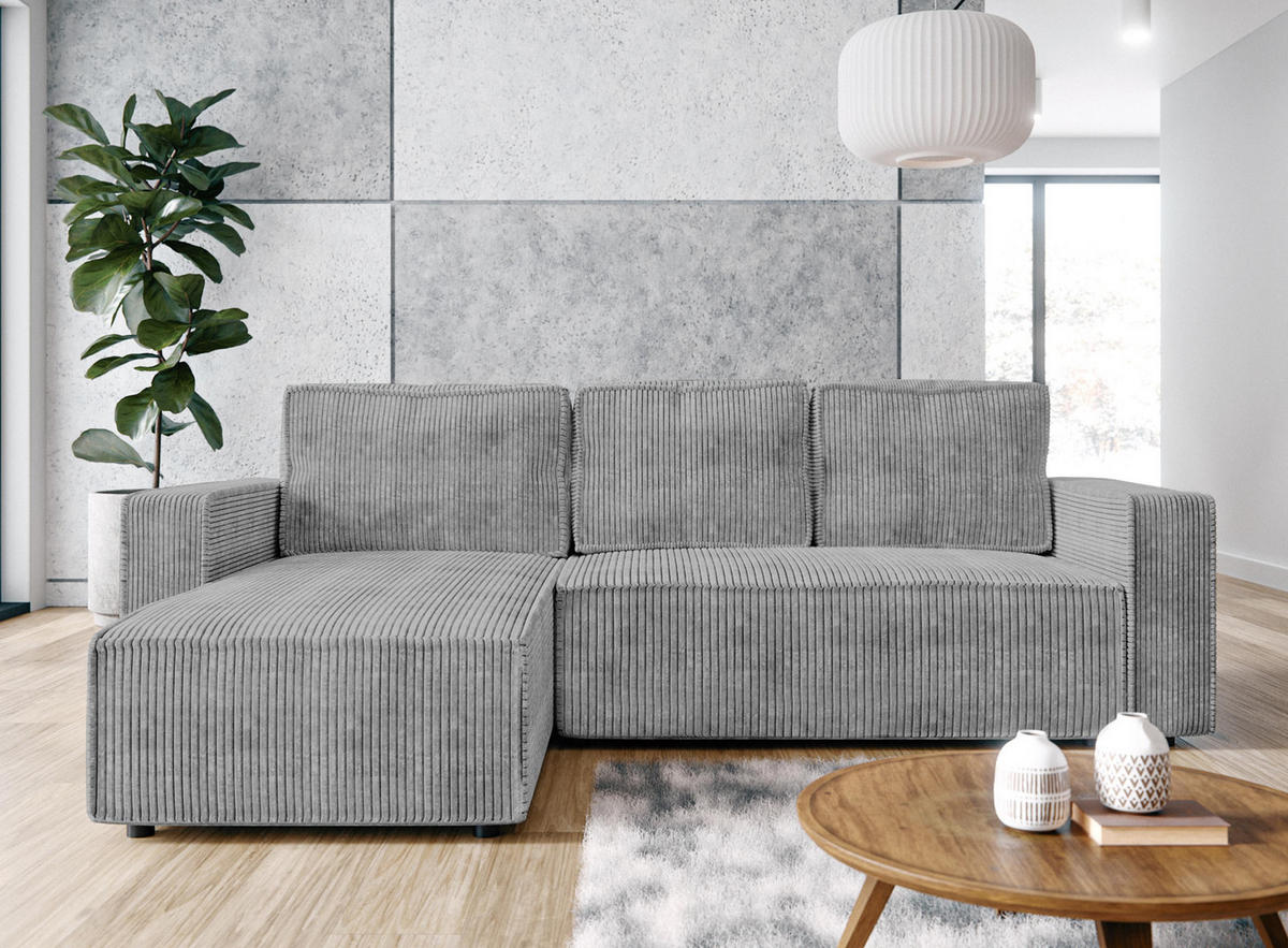 ECKSOFA L Form Aydin Hellgrau 258/169/85 cm Cord Universal mit Schlaffunktion - Hellgrau/Schwarz, Kunststoff/Textil (258/169cm) - AX Living