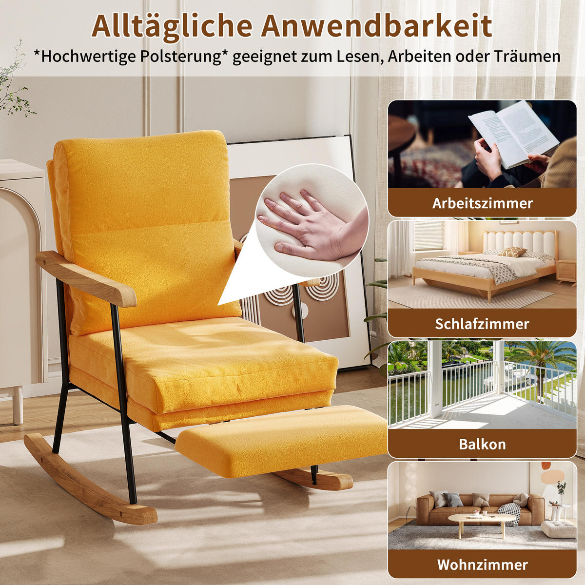 SCHAUKELSTUHL gepolstert ausziehbare Fußstütze gelb - Gelb, Holz (97.5/94/64.5cm) - LEBENLANG