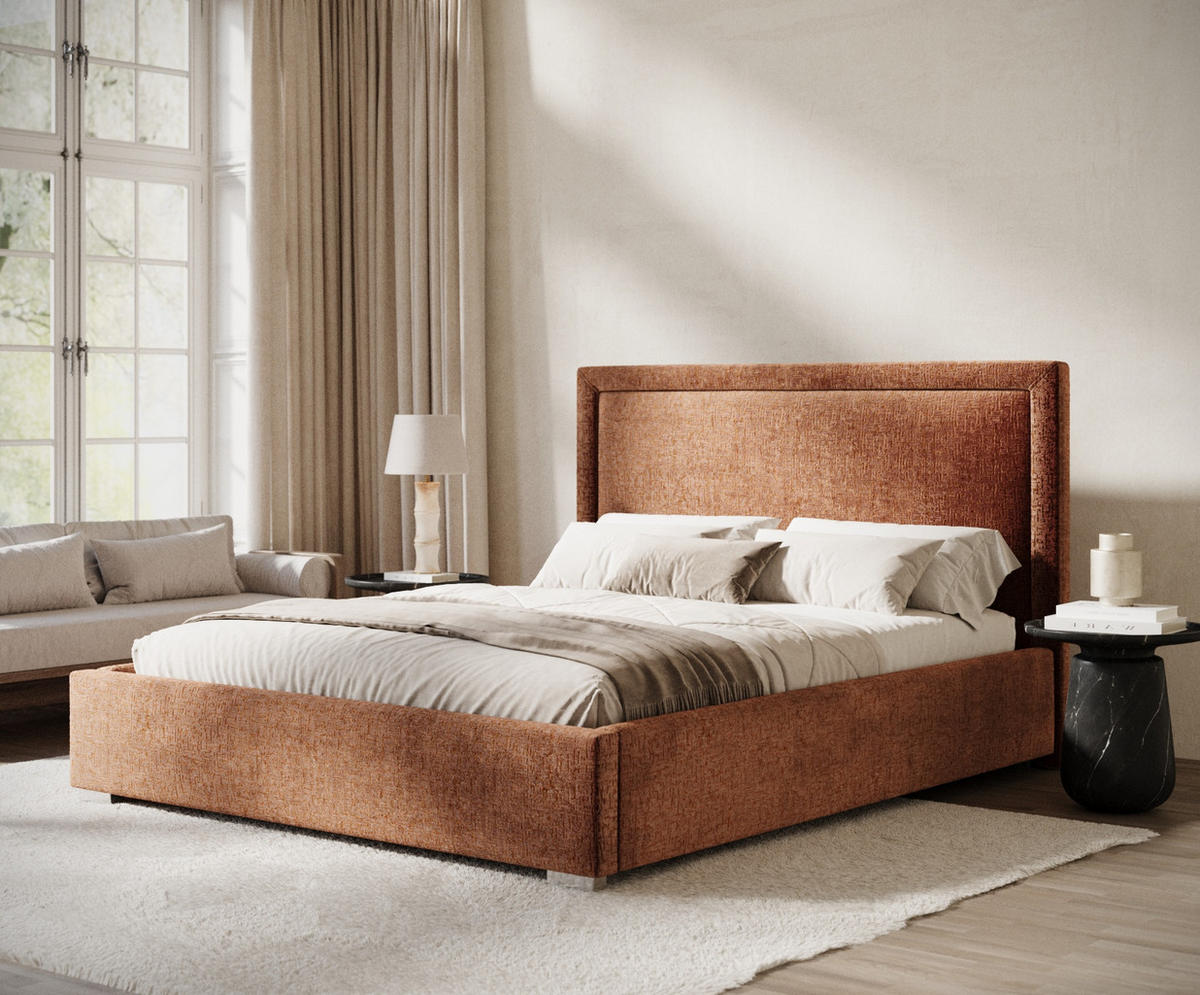 POLSTERBETT Ordina Dunkelorange 160/200 cm im Chenille-Stoff - Silberfarben/Dunkelorange, Holz/Holzwerkstoff (160/200cm) - Maison de Reve