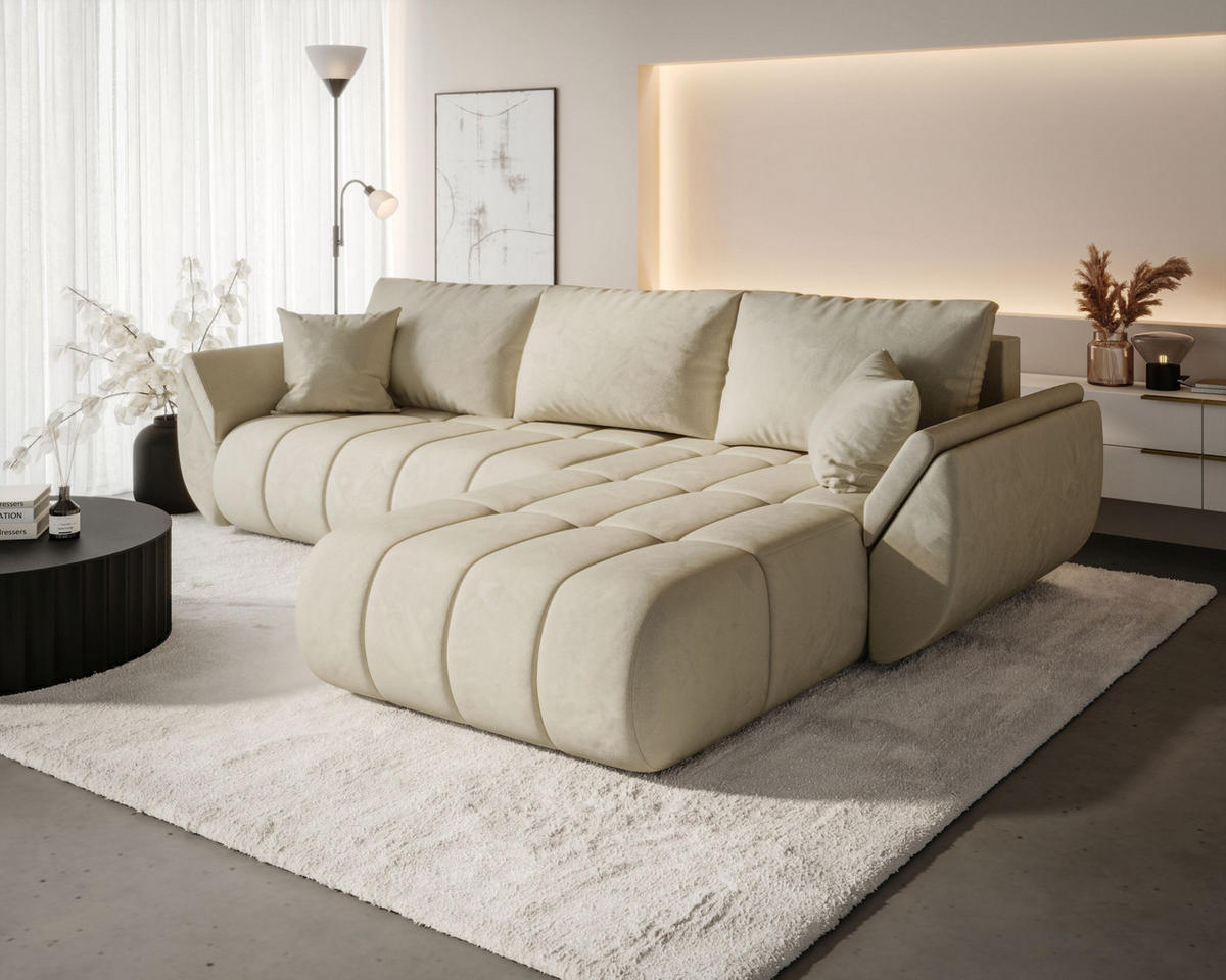 ECKSOFA SYDNEY PREMIUM rechts beige Velours Monolith 2 - Schlaffunktion, Bettkasten - Beige, Textil (280/185cm) - Cornero