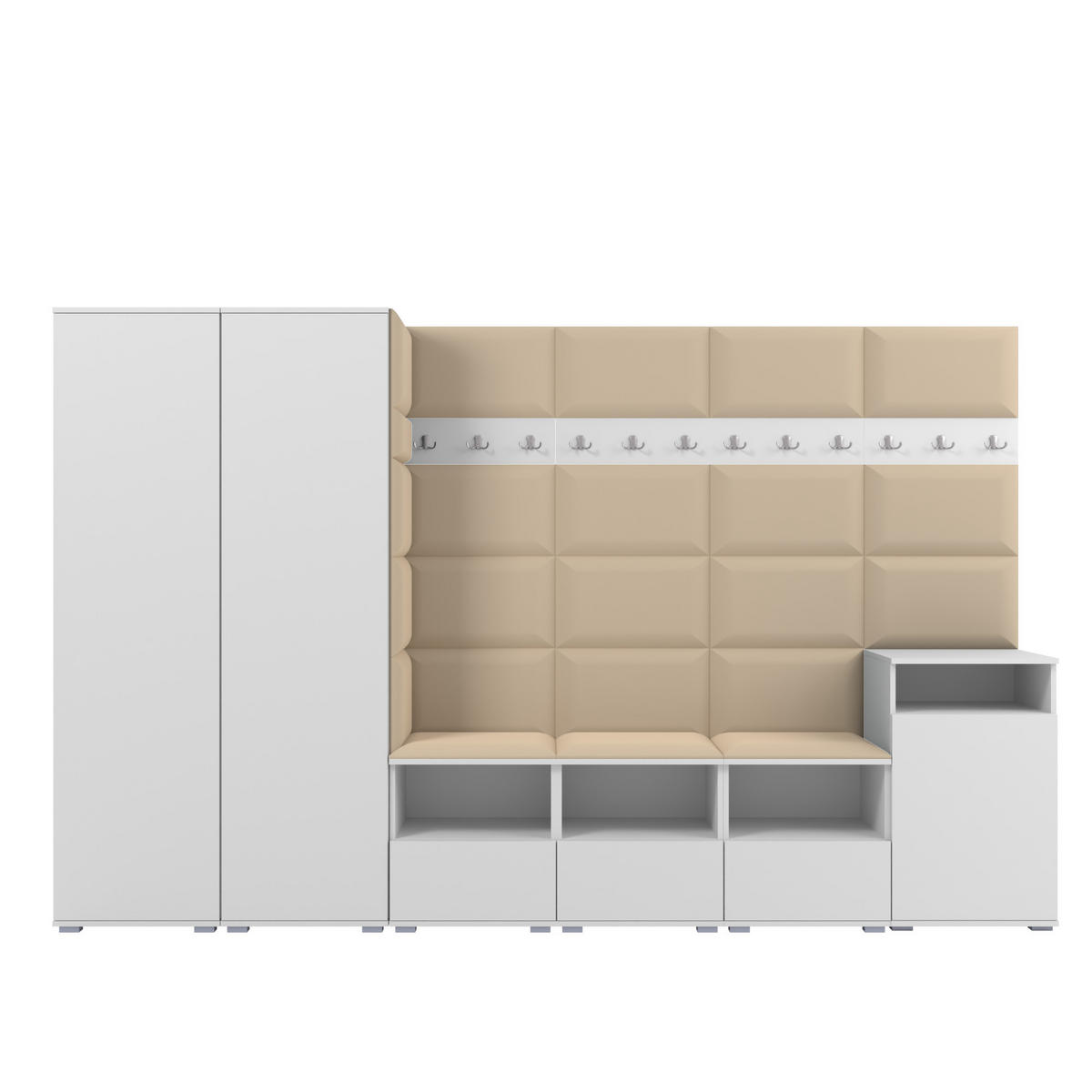 GARDEROBE NELA XII 300 cm (Modulare Flurmöbel Weiß mit Sitzpolster Beige 04 Gigantisches Set) - Beige/Silberfarben, Holz/Holzwerkstoff (300/187/40cm) - Ravio