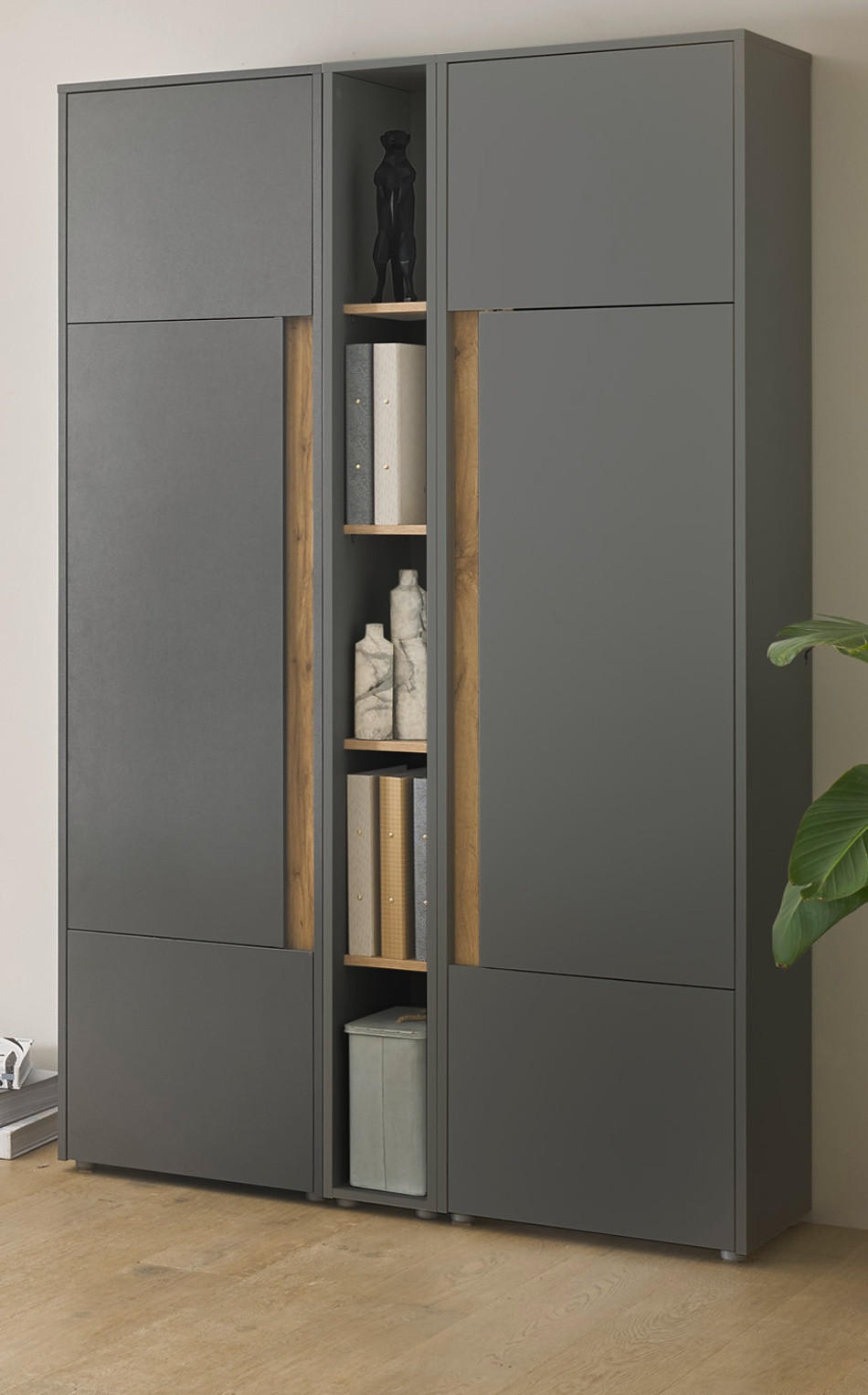 AKTENSCHRANK Set 3-teilig grau, Eiche Wotan 120 x 200 cm, Schrank-Regal-Kombination mit 15 Fächern - Eiche Wotan/Schwarz, Holzwerkstoff/Kunststoff (120/200/40cm) - Furn.Design