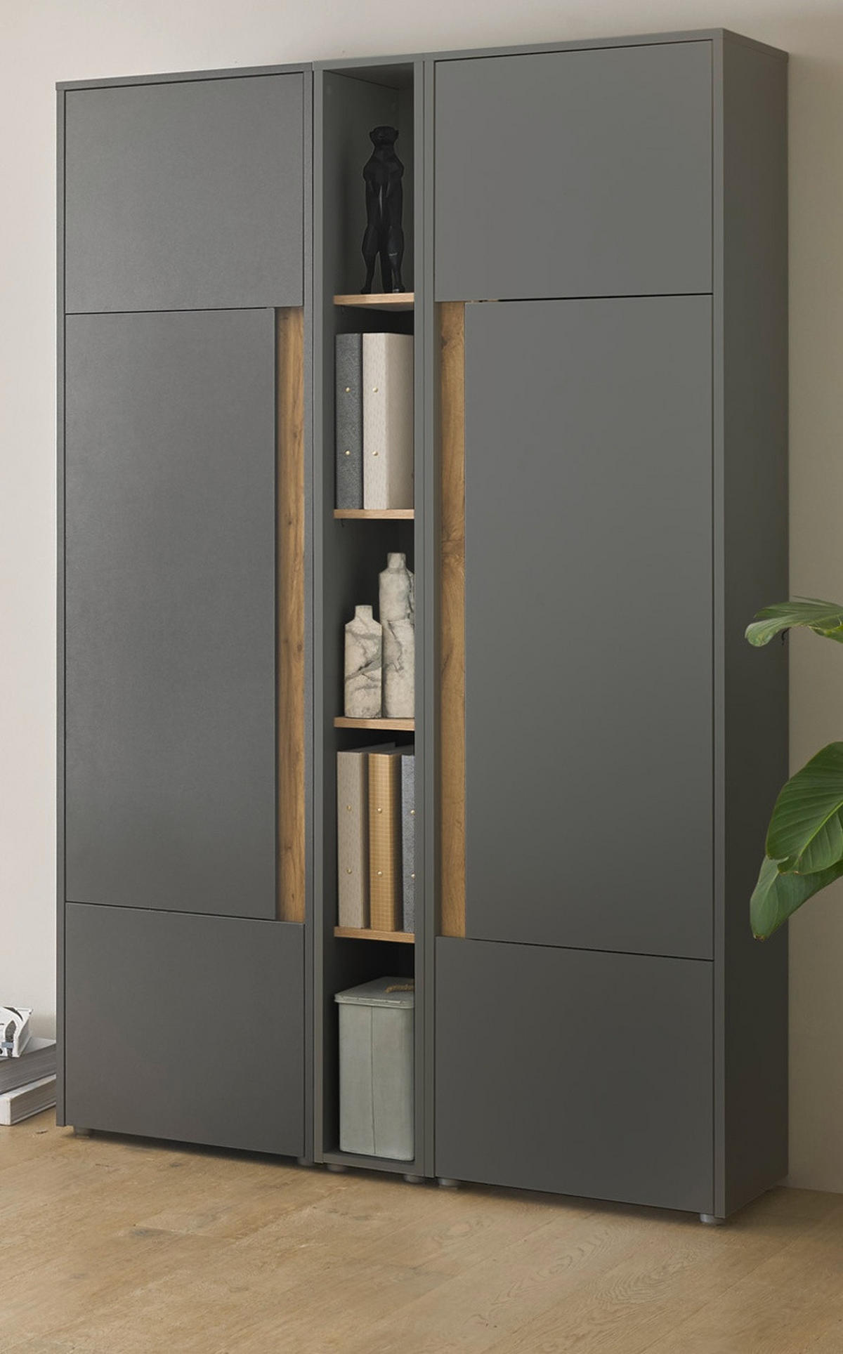AKTENSCHRANK Set 3-teilig grau, Eiche Wotan 120 x 200 cm, Schrank-Regal-Kombination mit 15 Fächern - Eiche Wotan/Schwarz, Holzwerkstoff/Kunststoff (120/200/40cm) - Furn.Design