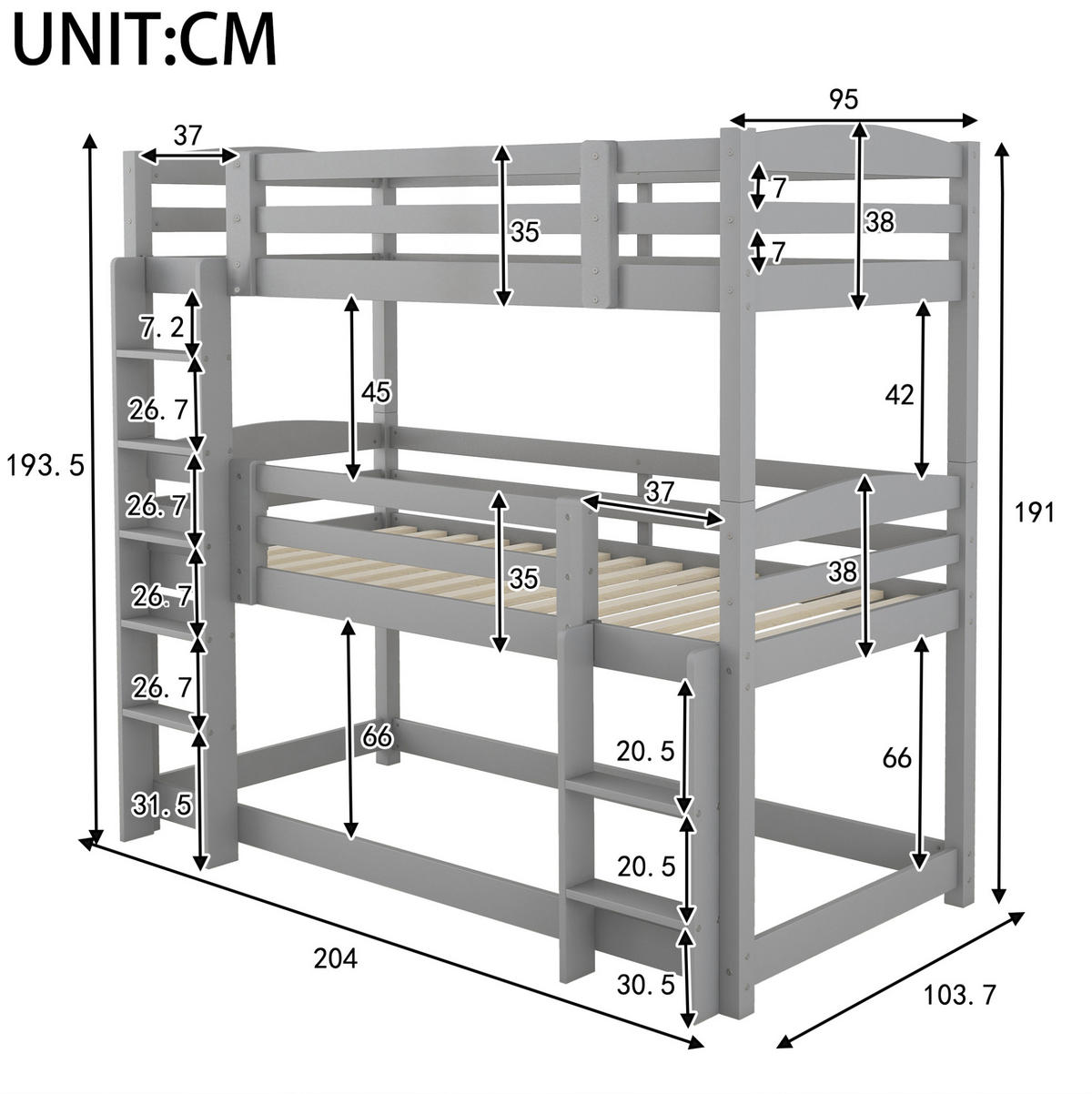 ETAGENBETT 3-fach 90/200 cm, Grau, platzsparend, ohne Matratze - Grau, Holz (90/200cm) - MIVRAY