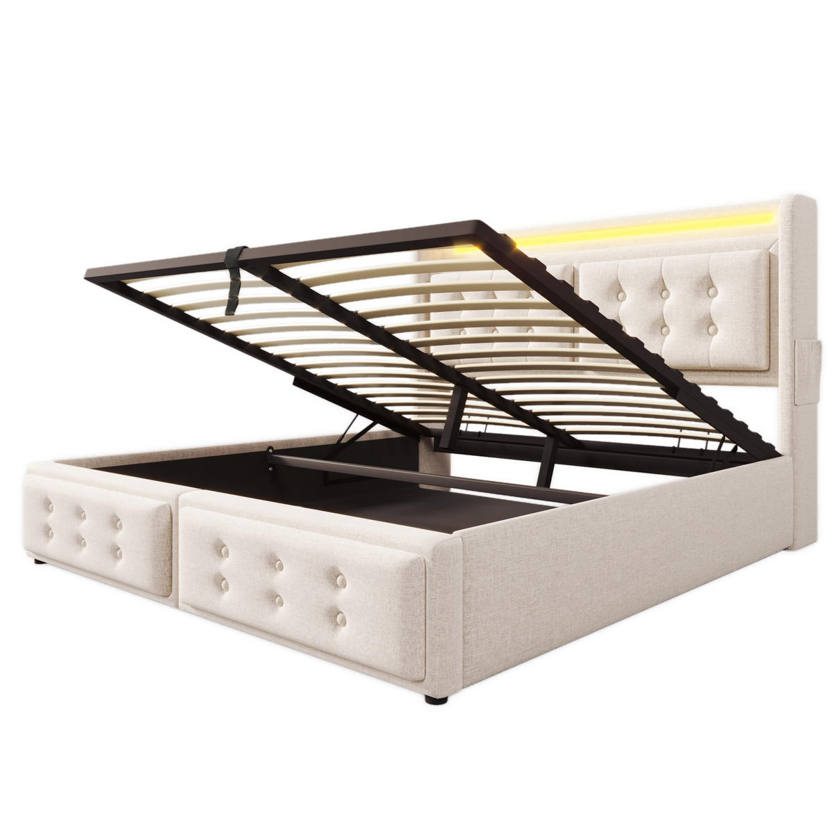 POLSTERBETT mit LED und Stauraum 140x200 cm Beige inkl. Matratze - Beige, Metall (140/200cm) - Meubliv