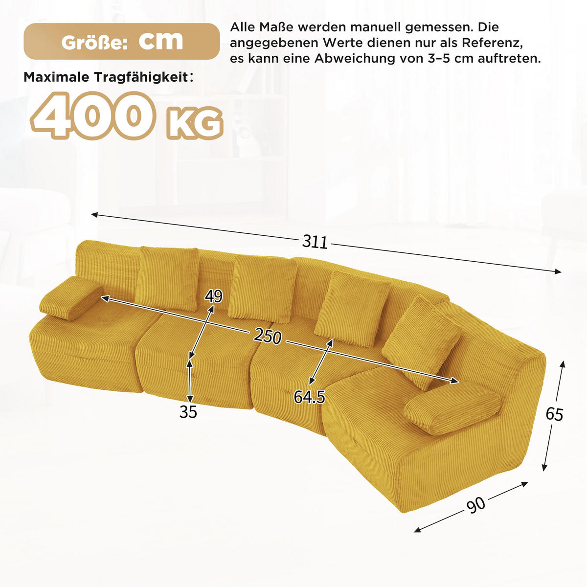 4-SITZER-SOFA modular Cord Kompression, DE-42936, Yellow - Gelb, Textil (311/65/90cm) - ComfortXL