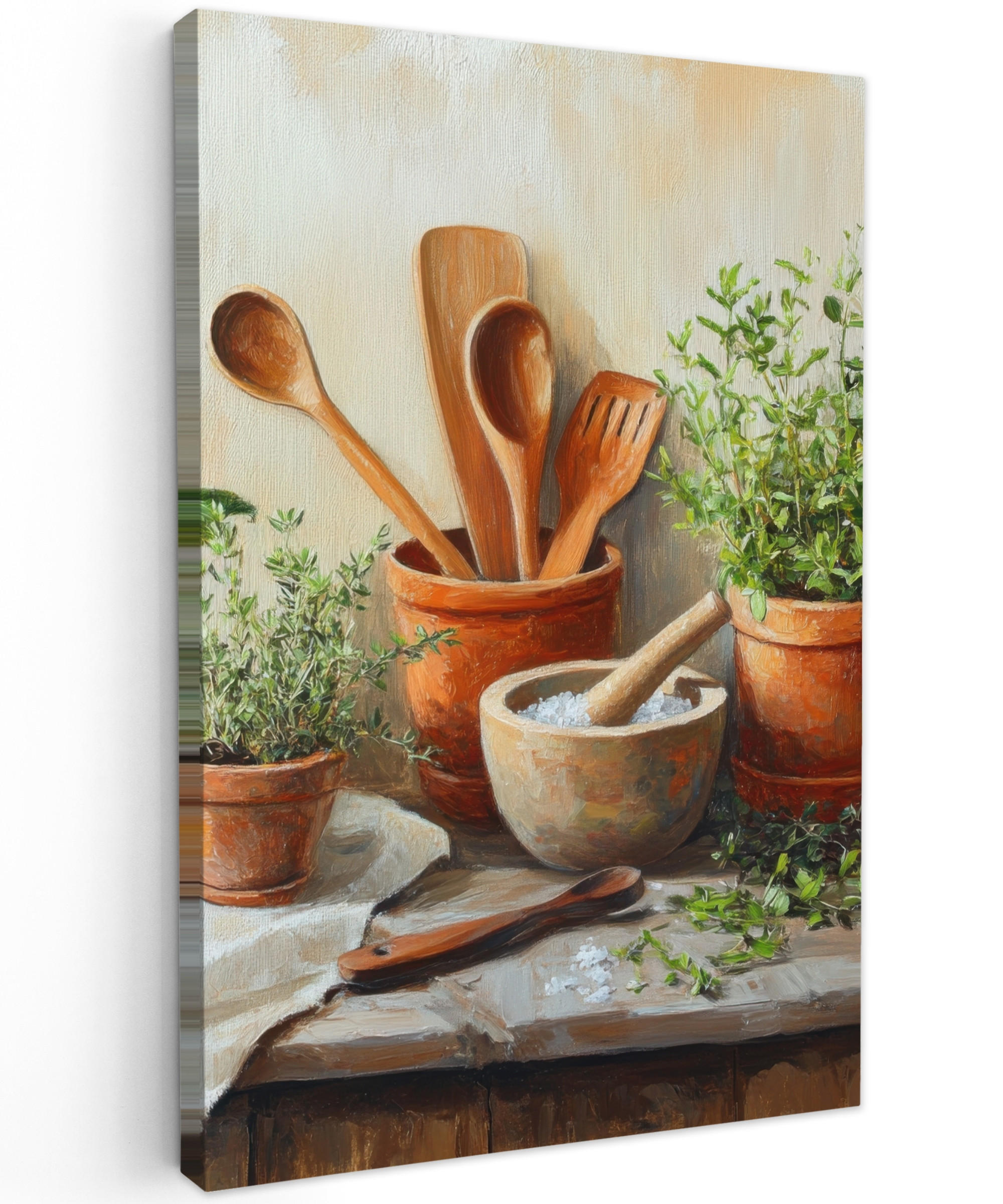 MuchoWow OBRAZ NA PLÁTNE Hrnce - Bylinky - Drevo 60x90 cm
