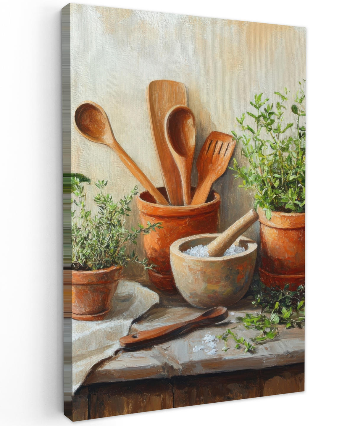 LEINWANDBILD Töpfe - Kräuter - Holz 90x140 cm - Terracotta, Textil (90/140cm) - MuchoWow