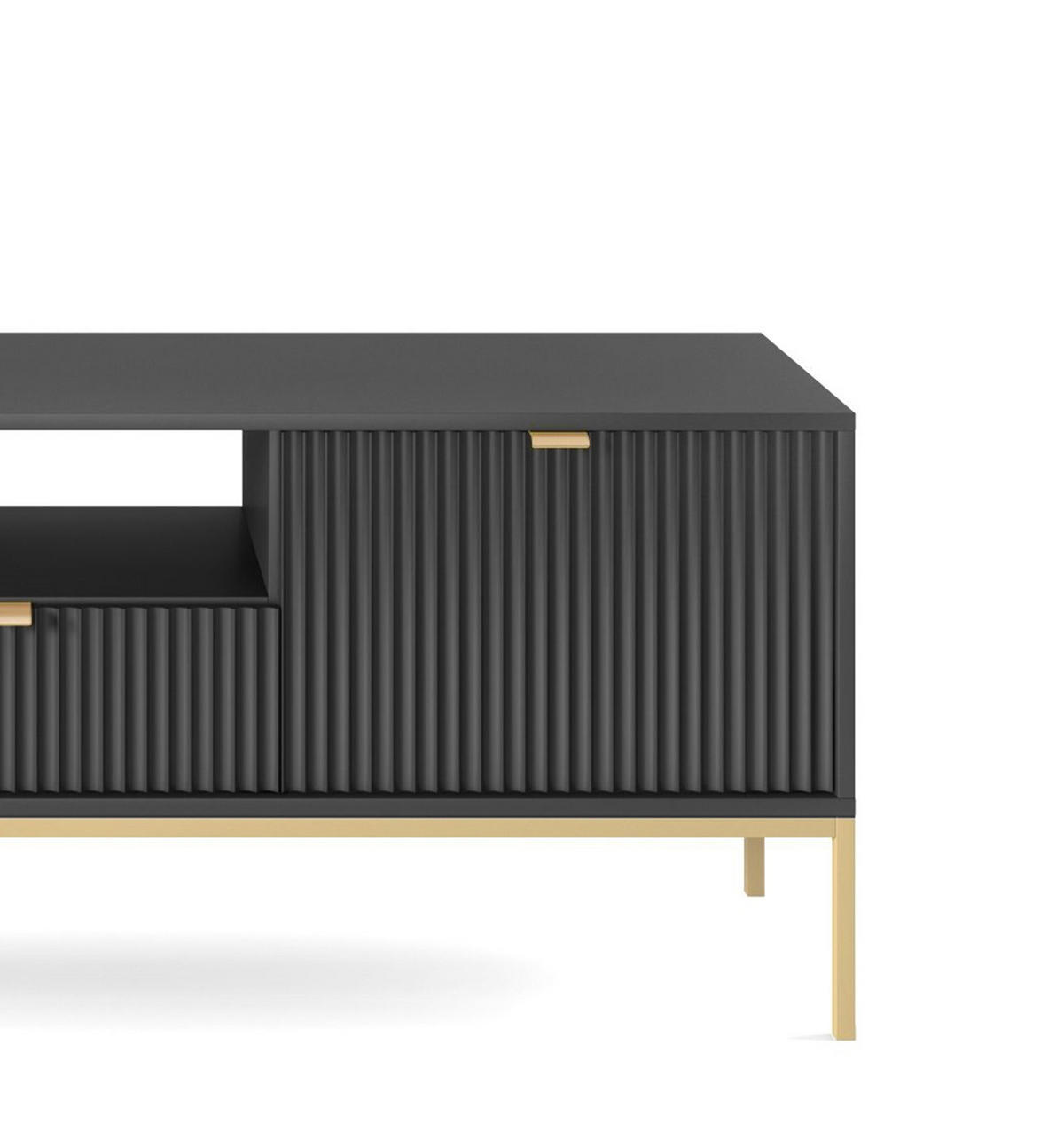 TV-SCHRANK NOVA Geriffelt Regal, 2 Türen, Schublade, Goldene Beine, 154x39x56cm, Schwarz - Goldfarben/Schwarz, Holzwerkstoff/Kunststoff (154/56/39cm) - DomoHome
