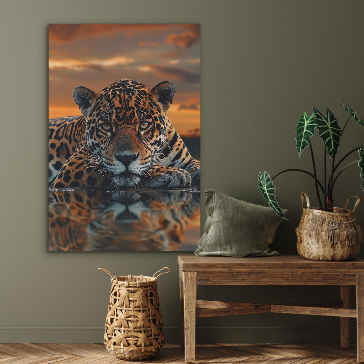 AKUSTIKBILD Natur - Leopard - Tier - Sonnenuntergang - Modern Wanddeko 60x90 cm - Orange, Kunststoff (60/90/0.9cm) - MuchoWow