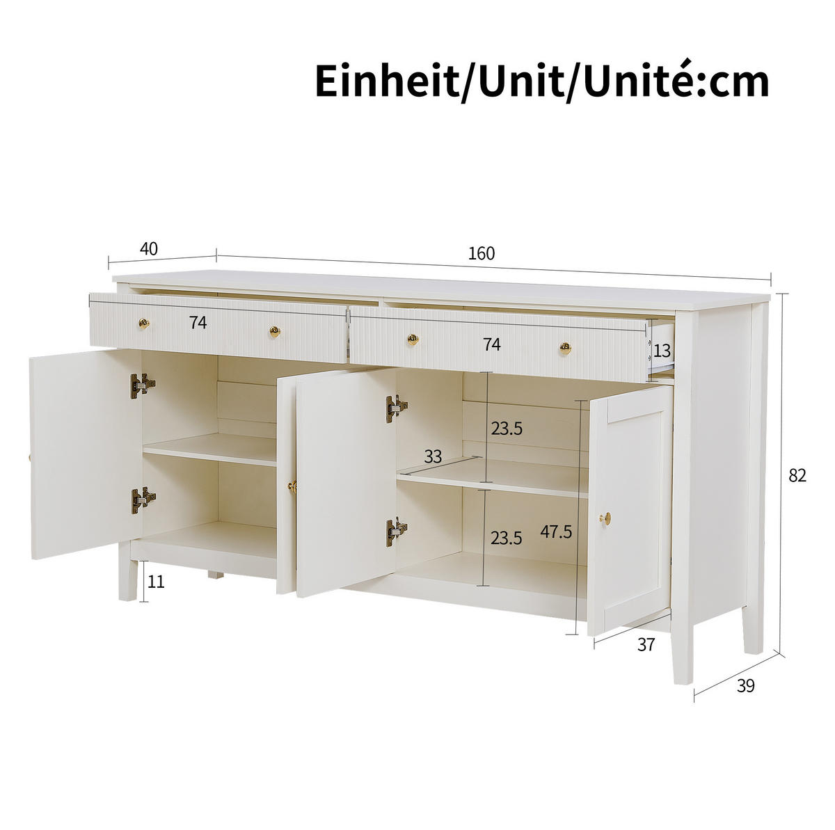 SIDEBOARD 160/40/82 cm weiß aus MDF mit 2 Schubladen und 4 Türen - Weiß, Holzwerkstoff (40/82/160cm) - OKWISH