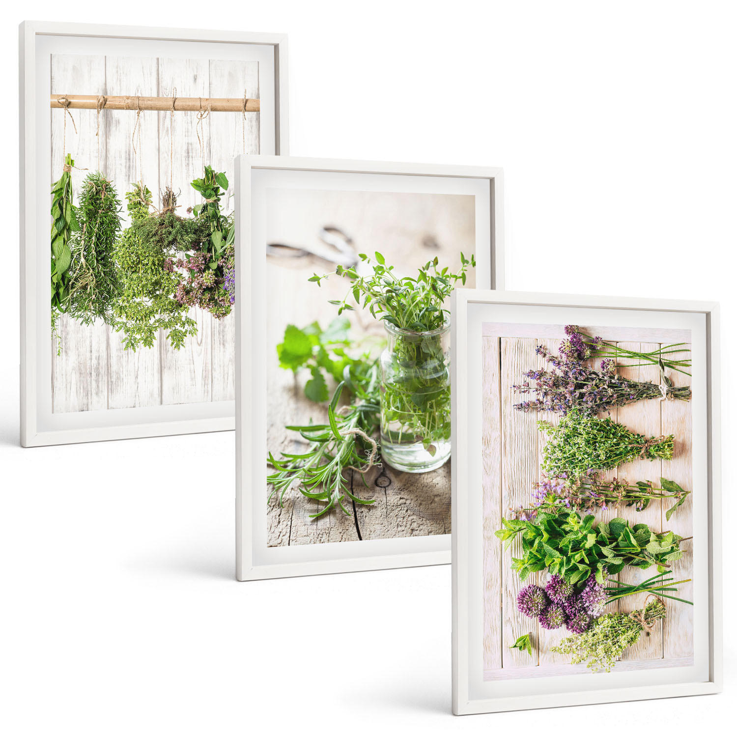 BILDER SET 3er Set - 40x60 cm Weißer Rahmen - Kräuterpflanzen für die Küche - Weiß, Kunststoff (40/60cm) - TULUP