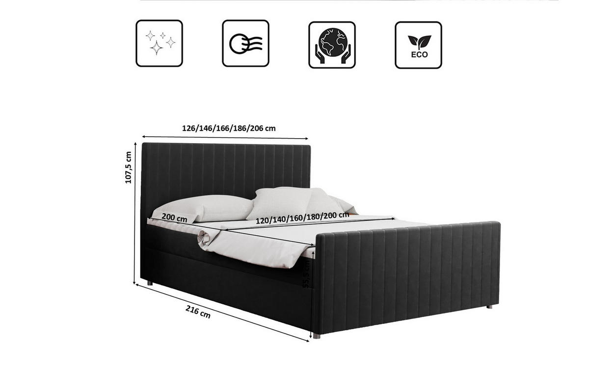 BOXBETT mit Bettkasten Matratze Topper LATINO stoff Velvet 160x200 cm Dunkelgrau H2-Pocket - Dunkelgrau, Holz/Holzwerkstoff (160/200cm) - Kaiser Möbel