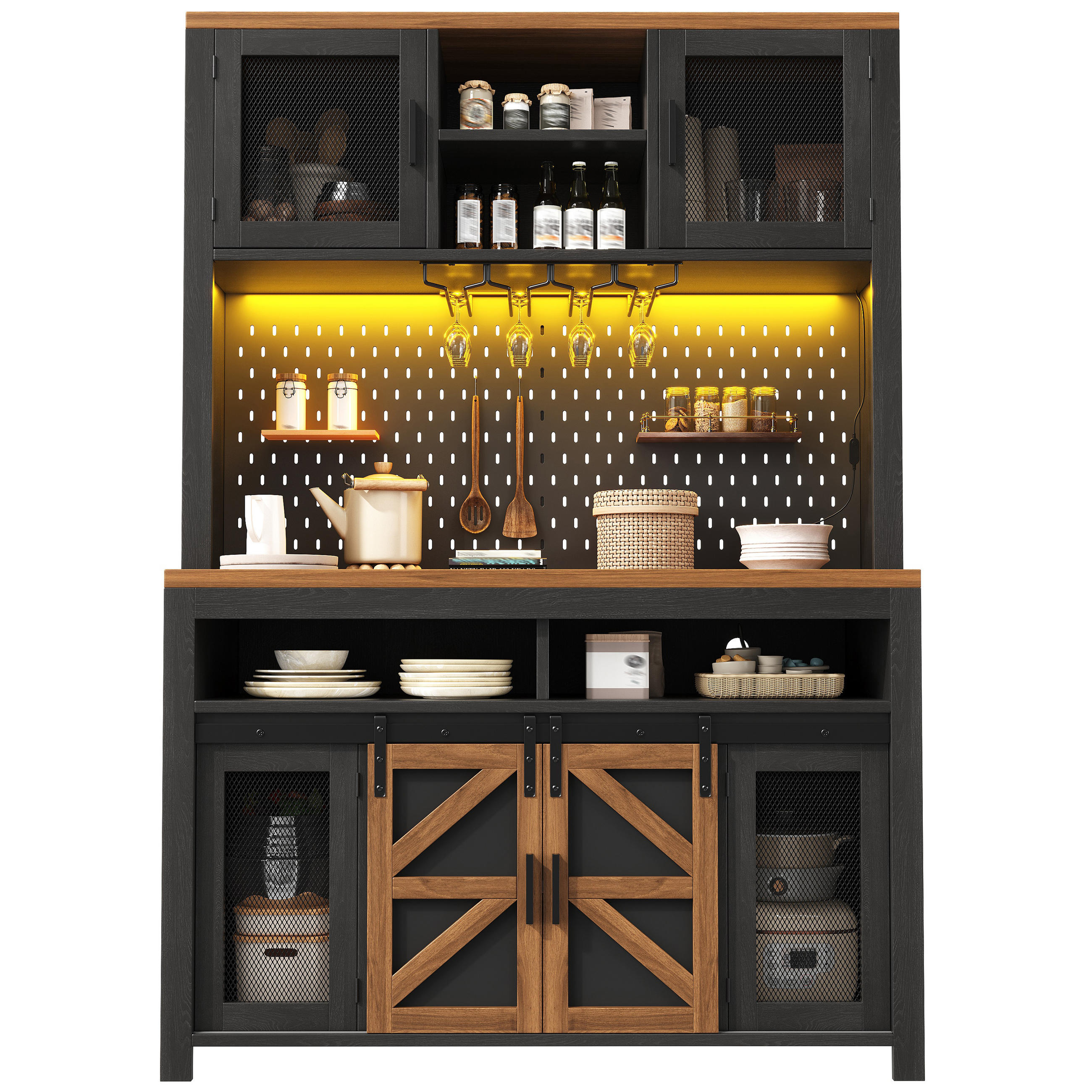 KÜCHENSCHRANK LED USB Stauraum Arbeitsfläche Schwarz - Schwarz, Holzwerkstoff (120/174.5/40cm) - FLIEKS