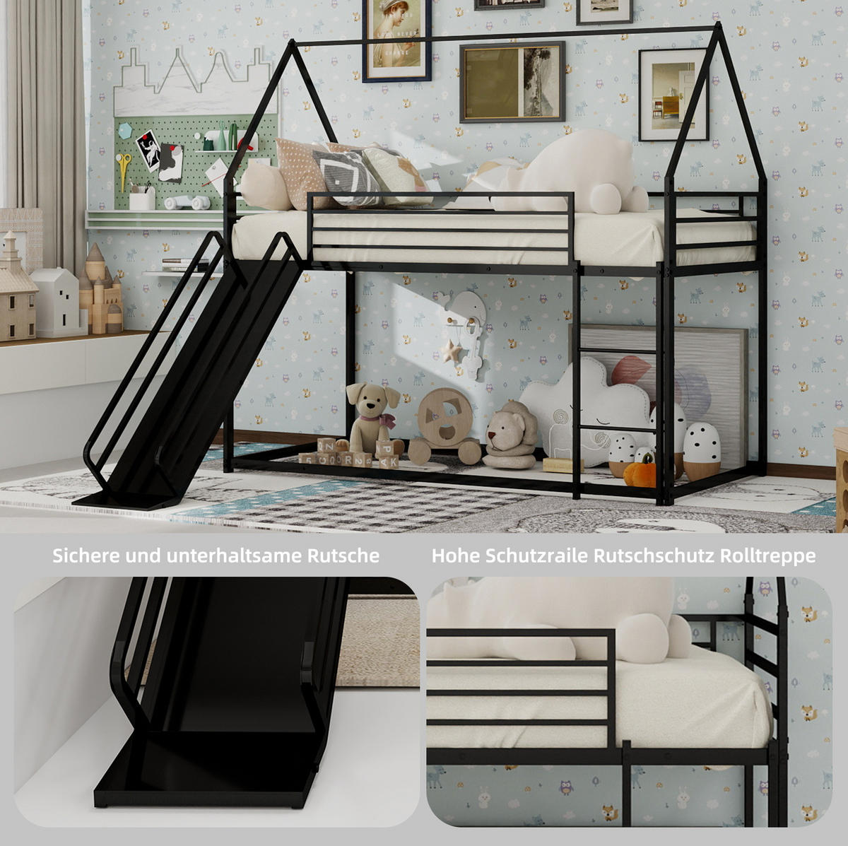 ETAGENBETT mit Rutsche und Spielhausdesign Eisen Schwarz - Schwarz, Holzwerkstoff (90/190cm) - Beauniv