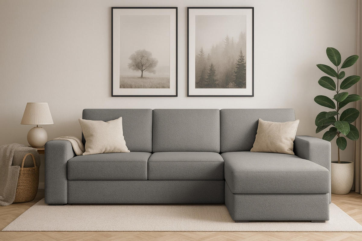 ECKSOFA TOCO L 240x145 cm in Boucle Dunkelgrau rechts - Creme, Holz/Holzwerkstoff (240/145cm) - Deine Möbel 24